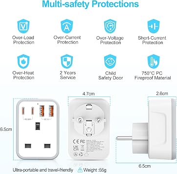 UK to European Travel Plug Adapter Fast Charge PD 20W USB-C QC 3.0