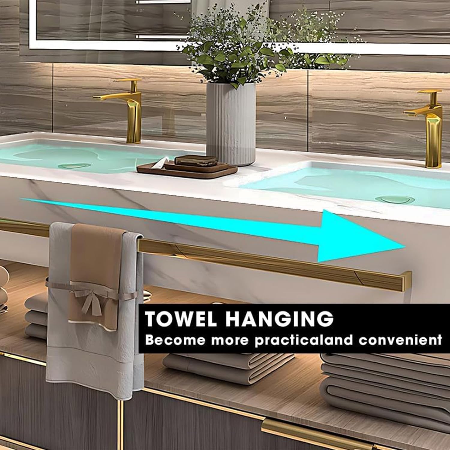 Bathroom Vanity with Sink - Floating Bathroom Vanity Includes Modern Metal Luxury Style,Wall Mouted Cabinet with Towel Hanging & Led Light | Slate Countertops（40IN）