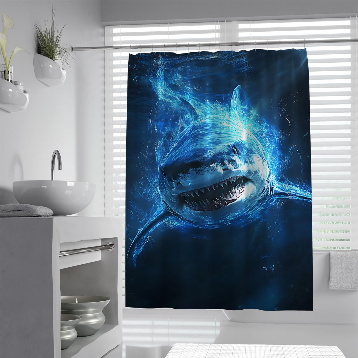 UIRINGART Blue Shark Shower Curtain W90xL180cm Mystical Ocean Predator Print Polyester Anti-mould Lightweight Machine Washable Caravan Bath Curtain with Hooks