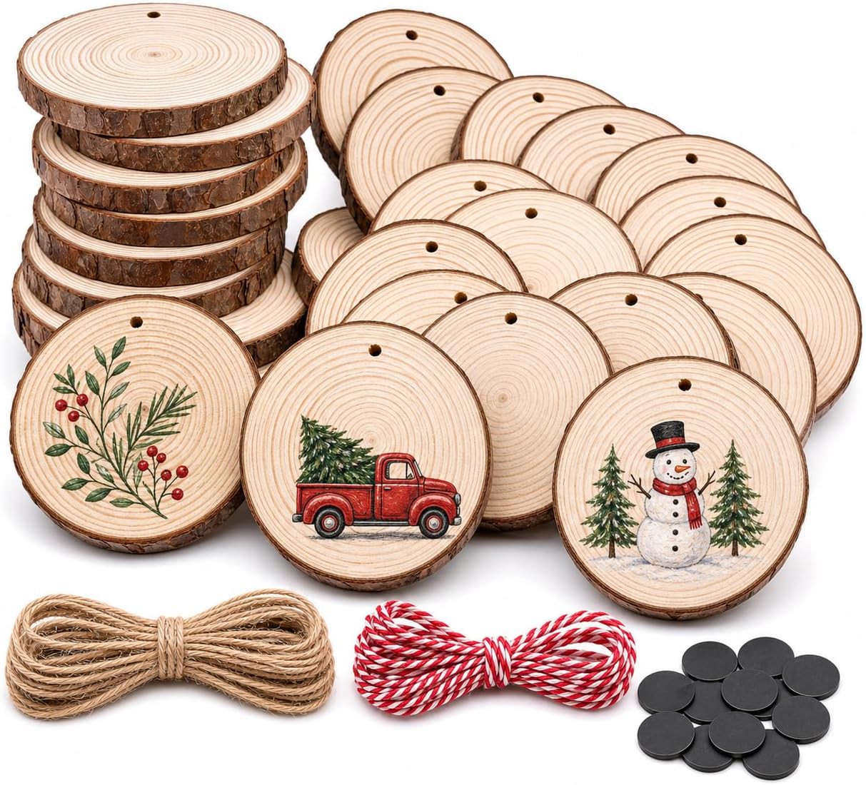30 Pcs 3.4-4.0 inch Wood Slices,Wood Circles,Wood Rounds for Crafts,Wooden Ornaments to Paint,Christmas Ornaments (30pcs Fridge Magnets)