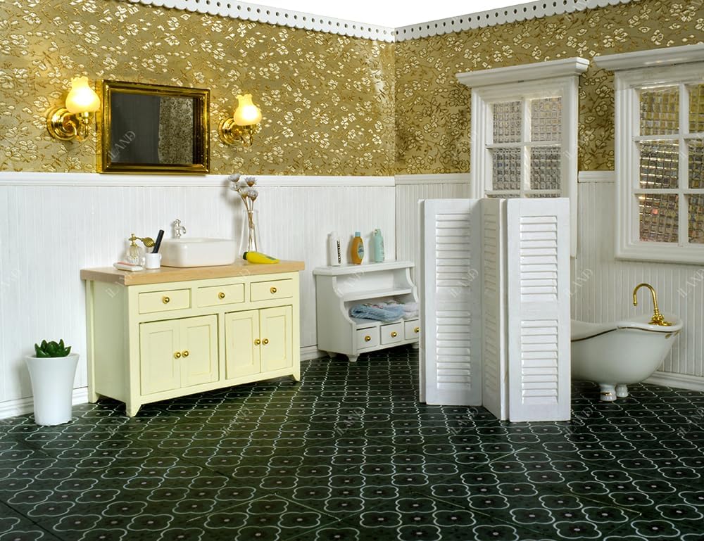 iLAND Dollhouse Flooring on 1/12 Scale 1/6 Scale, Miniature Dollhouse Accessories, 30pcs Double-Sided Dollhouse Floor Tiles (French Green Floral & Colorful Terrazzo)