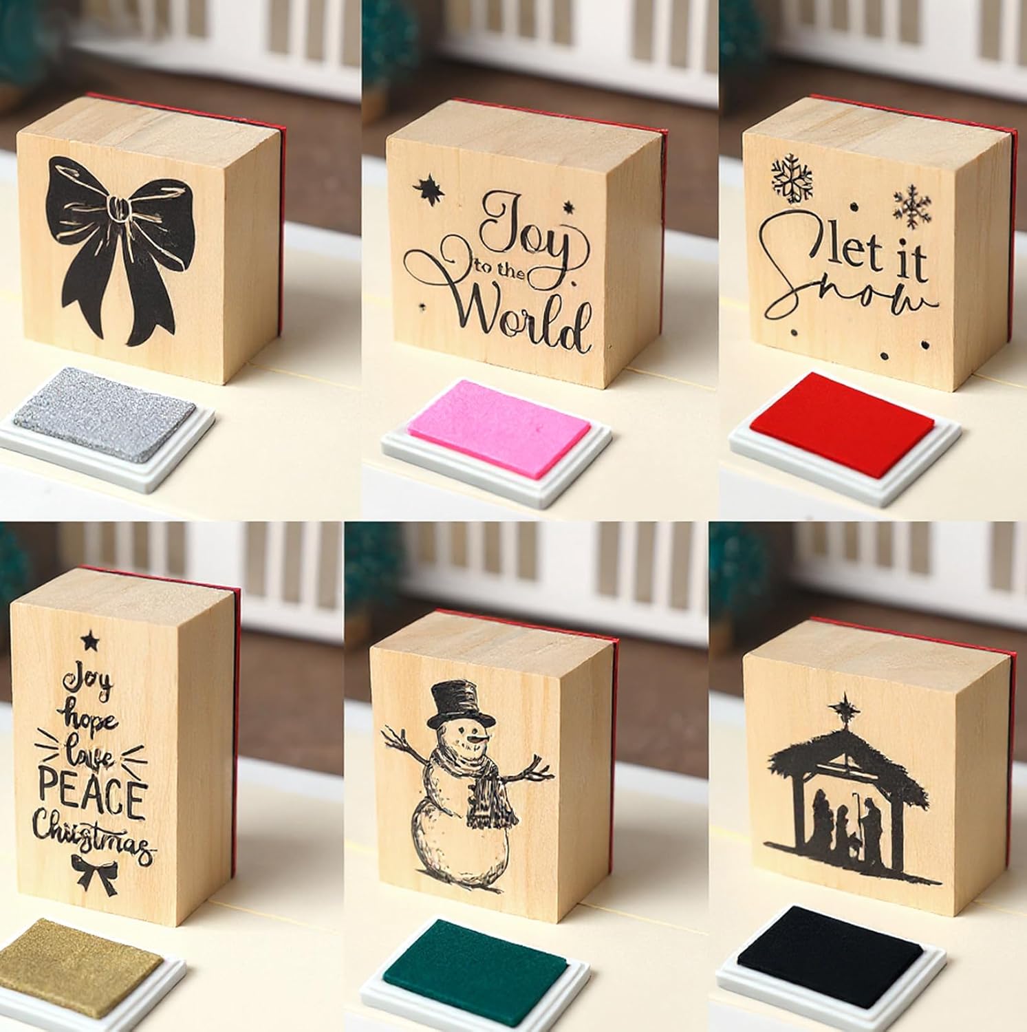 Eaasty 26 Pcs Christmas Rubber Stamps and Craft Ink Pads Set 18 Wooden Merry Christmas Rubber Stamps for Crafting Xmas 8 Mixed Ink Pads for DIY Card Scrapbooking Party Gift Making Craft