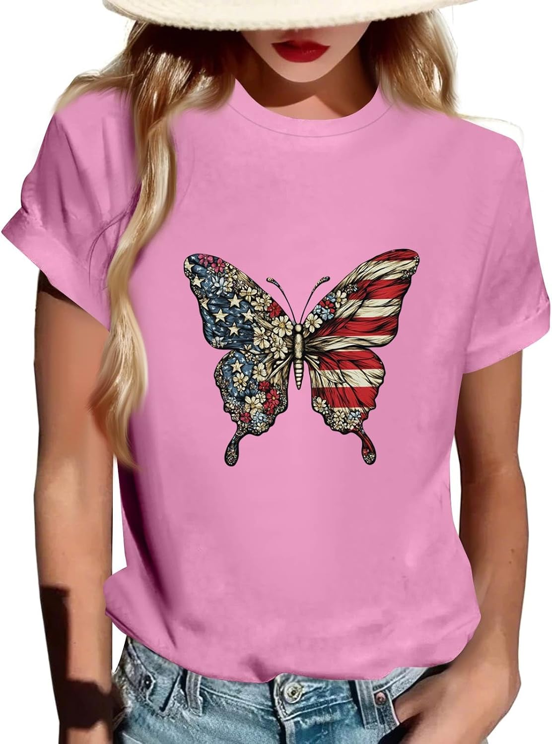 4Th of July Shirts Women USA American Flag Casual Tops Crewneck Patriotic Basic Tees Short Sleeved T-Shirt