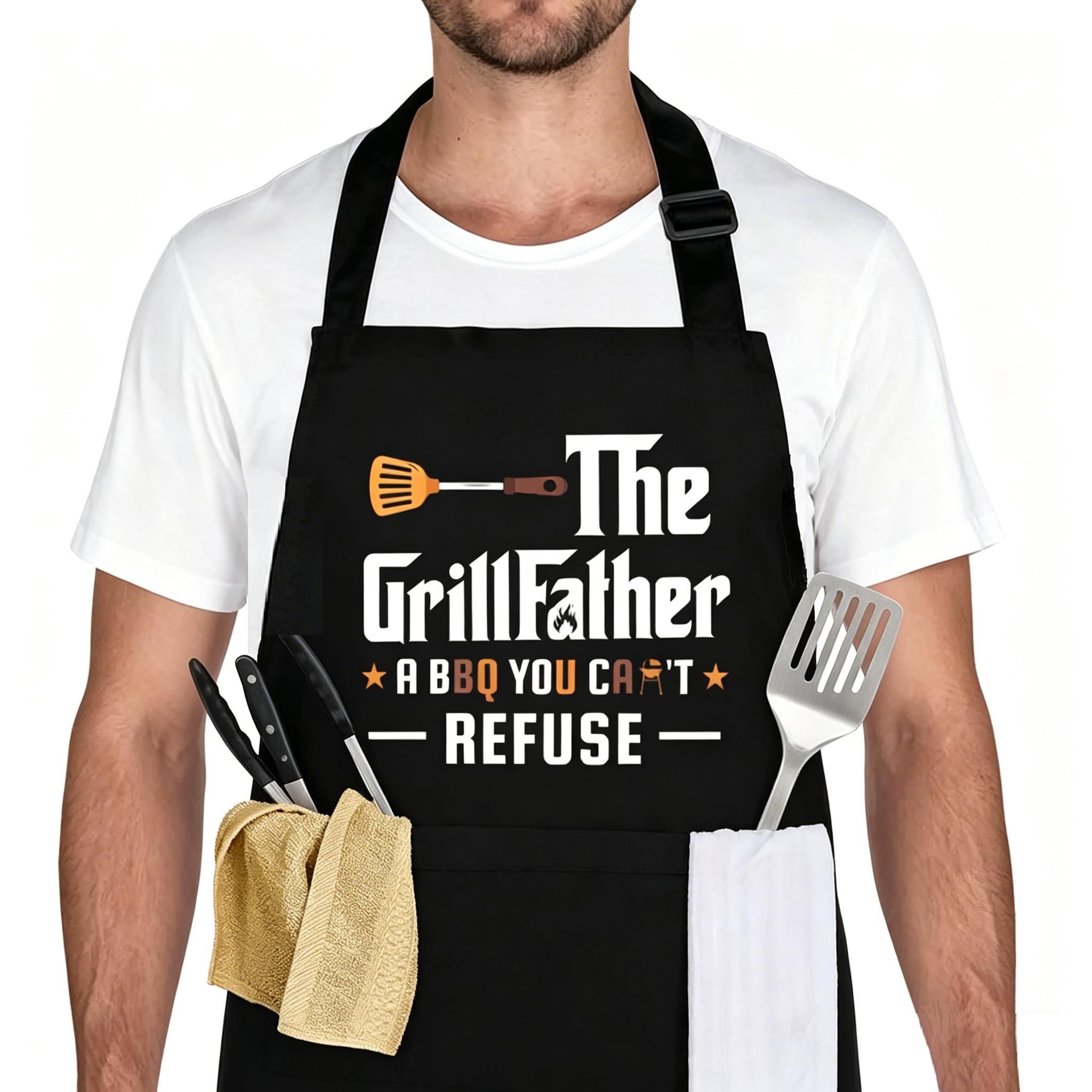 Fathers Day Funny Gifts Bbq Aprons for Men, Funny Aprons for Men, Dad Gifts Waterproof Bbq Apron for Dad Husband Boyfriend, Ideal for Barbecues, Picnics and Kitchen Use Chef's Apron With Three Pockets