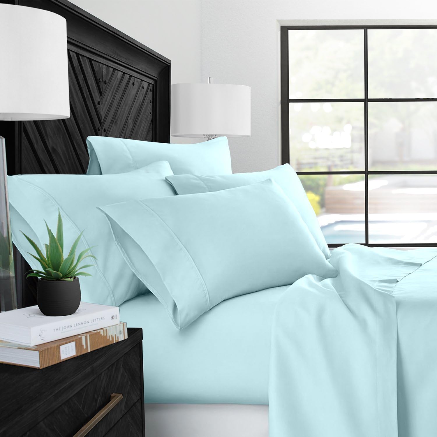 LaxLinen 600-Thread-Count Egyptian Cotton Sateen 6 PCs Bed Sheet Set (+32 Inch) Pocket Depth Twin/Single Bed, Navy Blue Solid