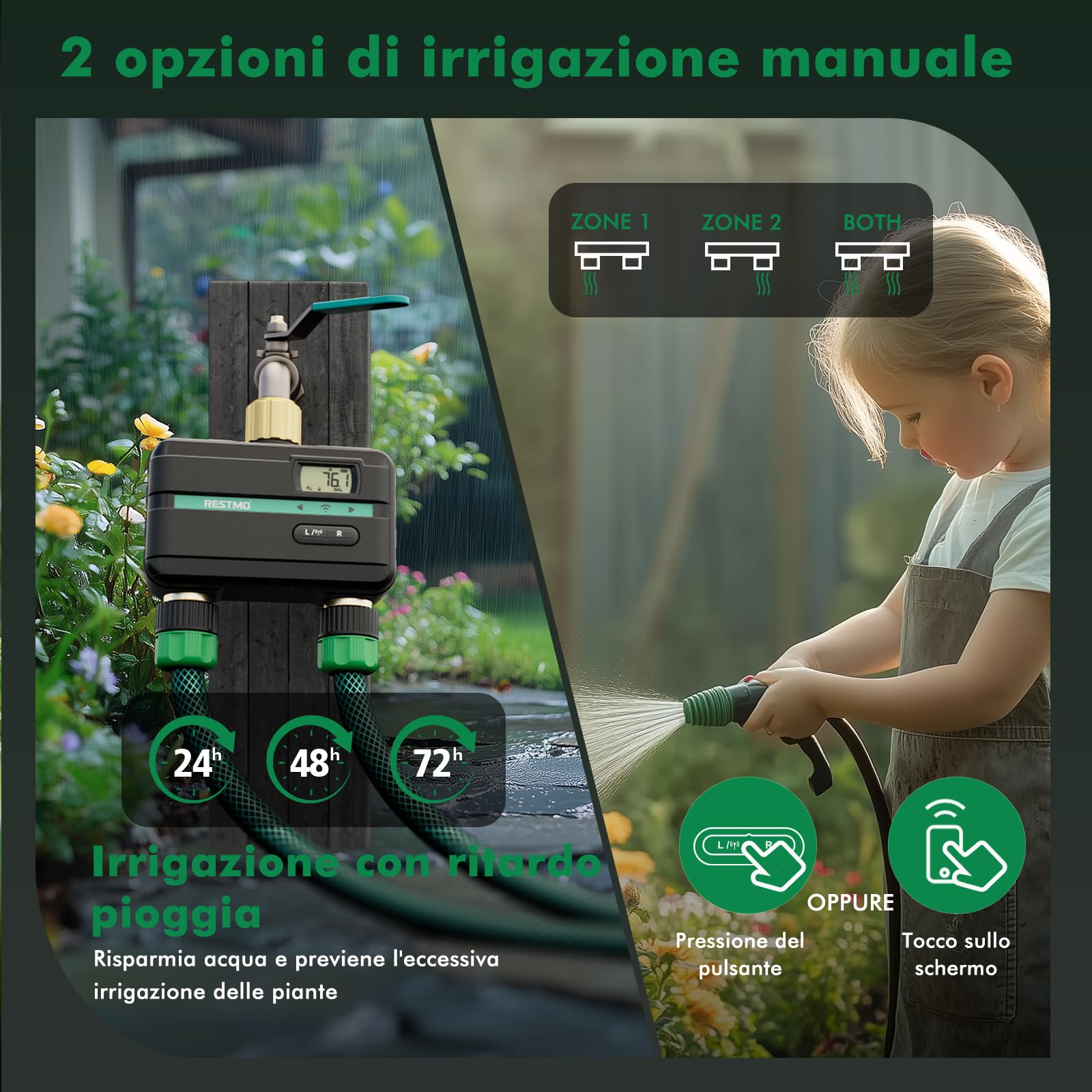 RESTMO Computer di irrigazione a 2 zona Chip Bluetooth + Wi-Fi integrato | Controllo app, Automatico/Manuale/Ritardo Pioggia, Timer per Tubo da Giardino