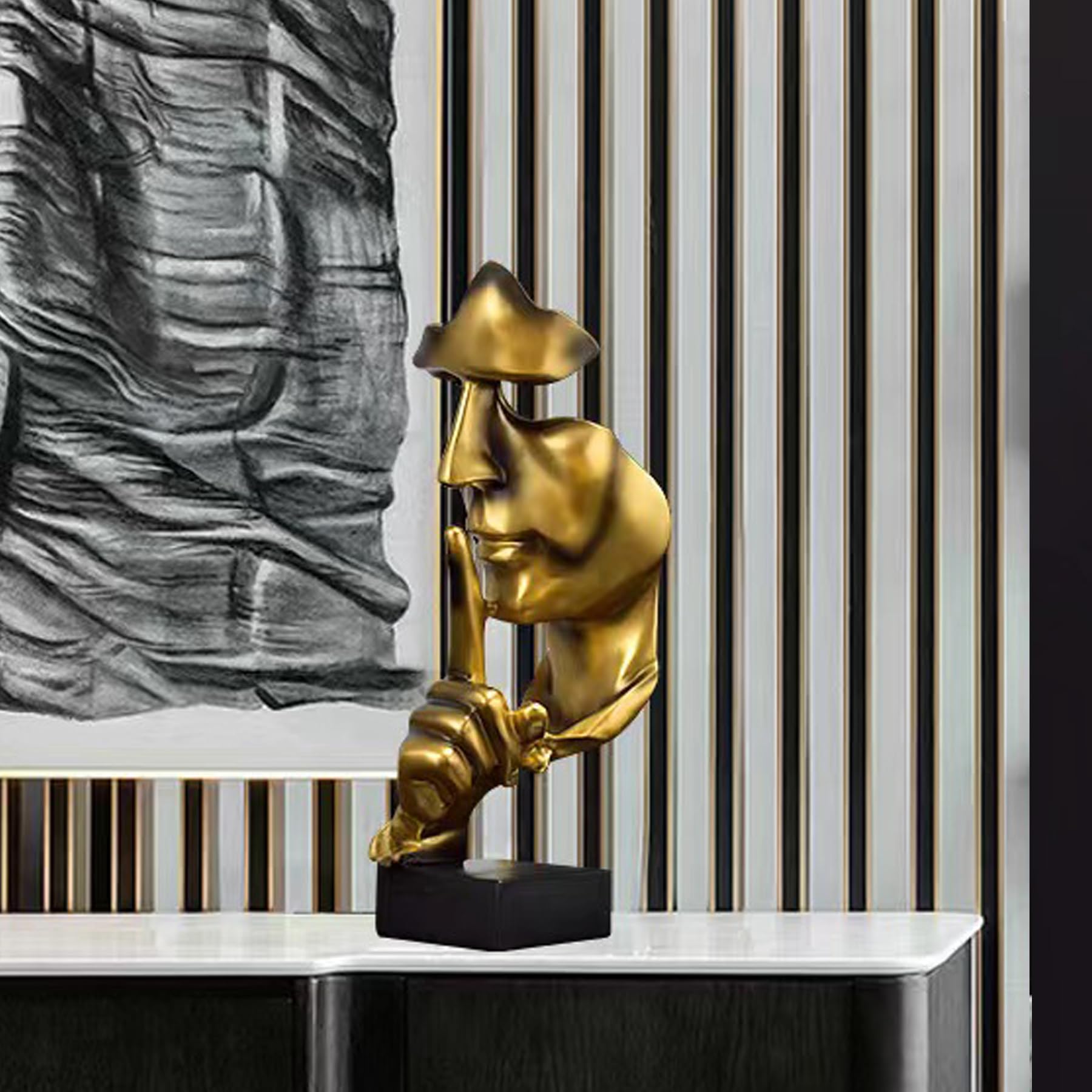 Il silenzio è oro, statua per scaffale da ufficio, decorazione da tavolo, statua d'arte astratta, ornamento per la casa, scultura creativa in resina (dorato)