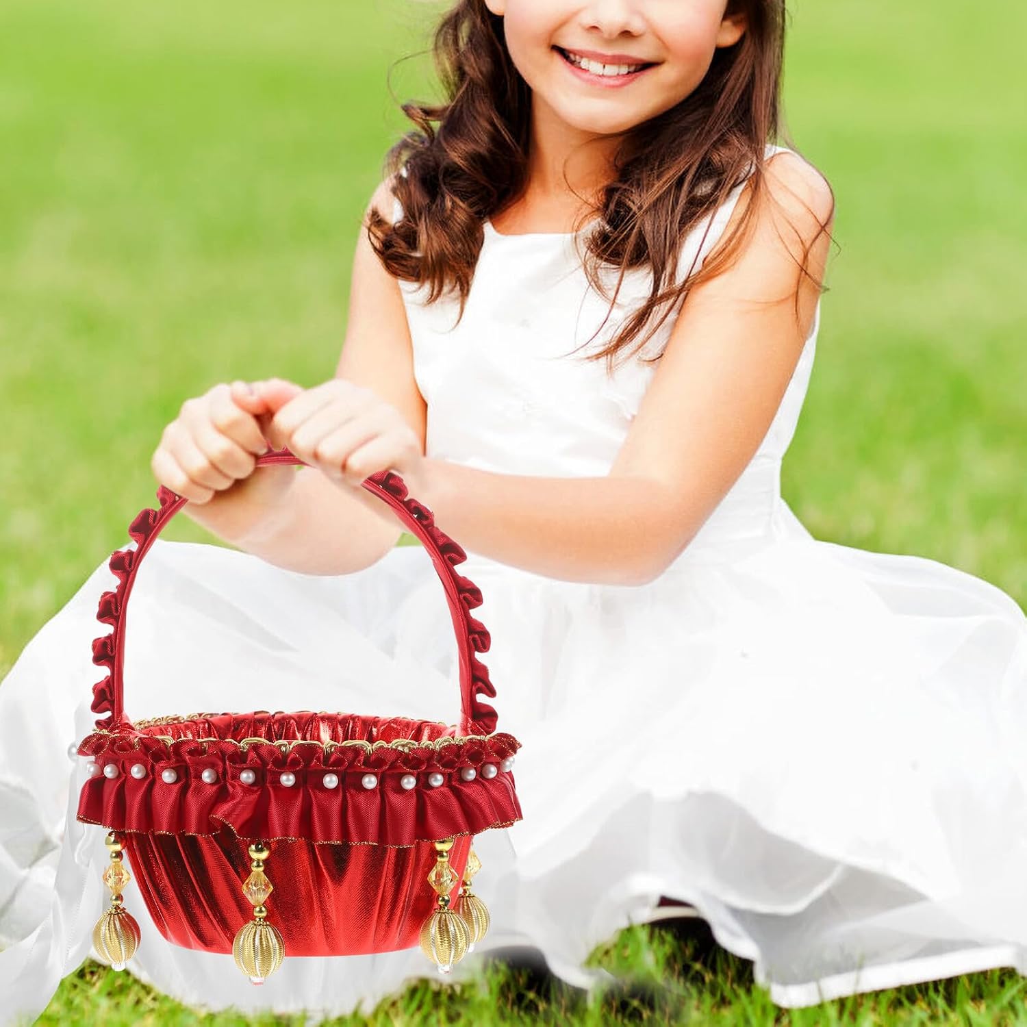 Wedding Flower Girl Basket Pearl Design with Gold Accents Handheld Flower Petal Basket for Wedding Party Supplies and Ceremony Accessories