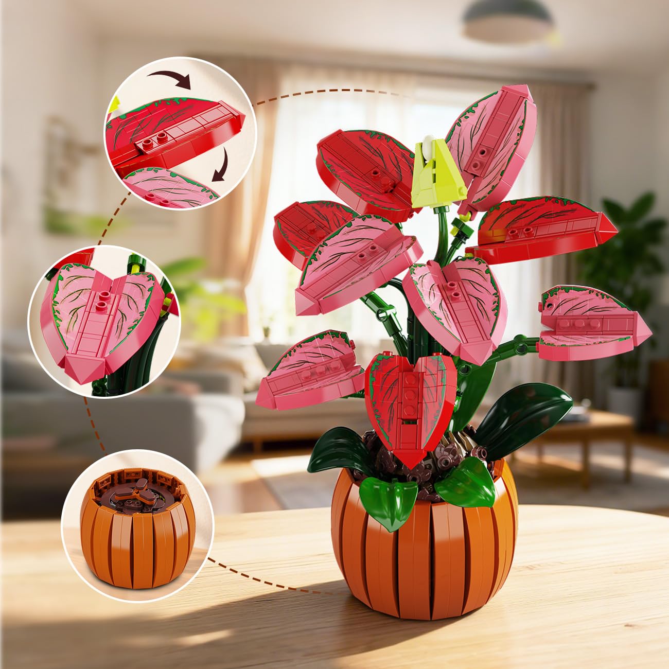 HiWEEGO Flowers Botanicals Bonsai Building Set - Bonsaï Artificiel Aglaonema pour la décoration intérieure, 782 pièces de Fleurs artificielles à Assembler, Cadeau d'anniversaire pour Adultes