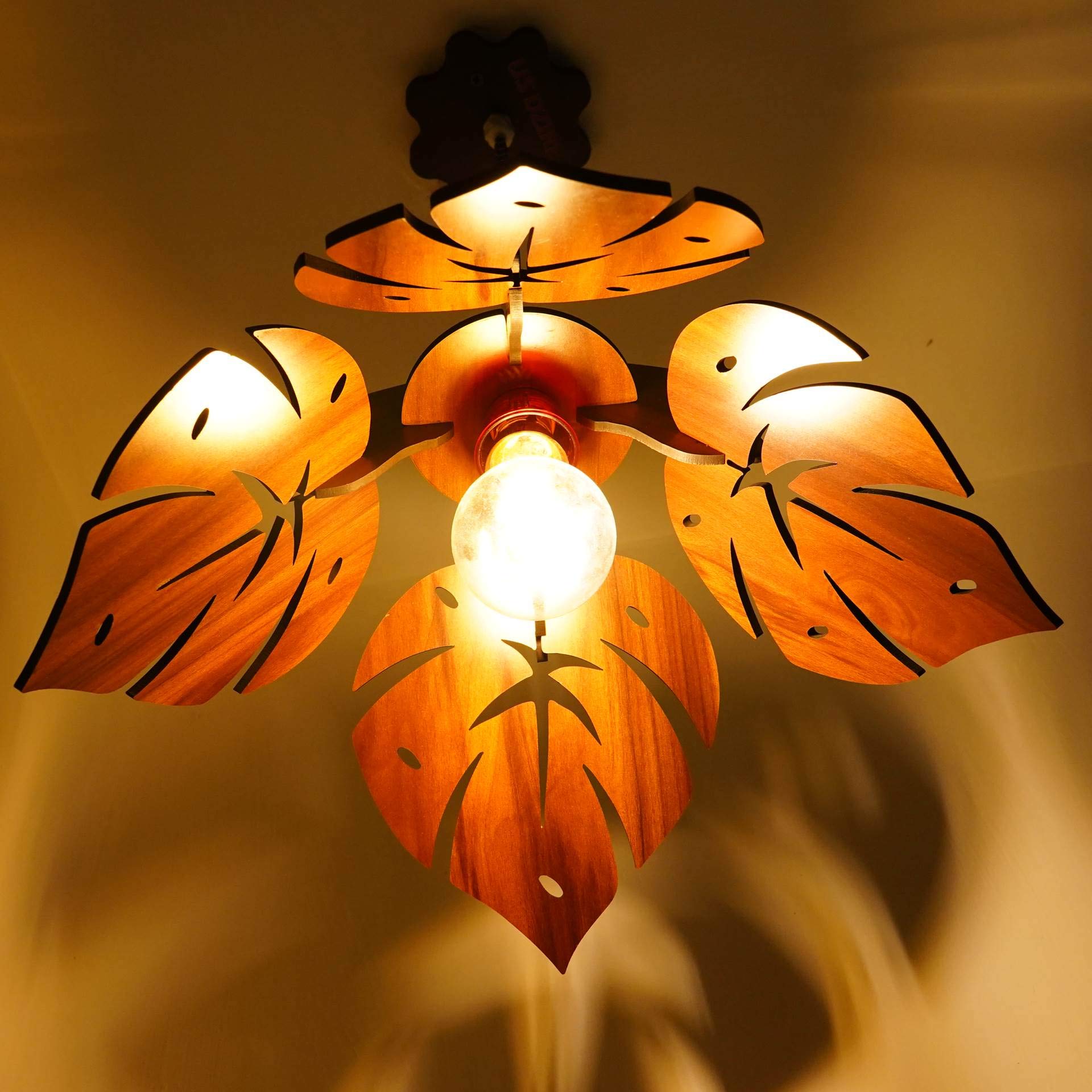 404 Hanging lamp electric antique Wooden Ceiling Lights - with Gold Pendant Lamp shade Night Lamp 40 Watts (Beige, Natural wood teak)-image-26