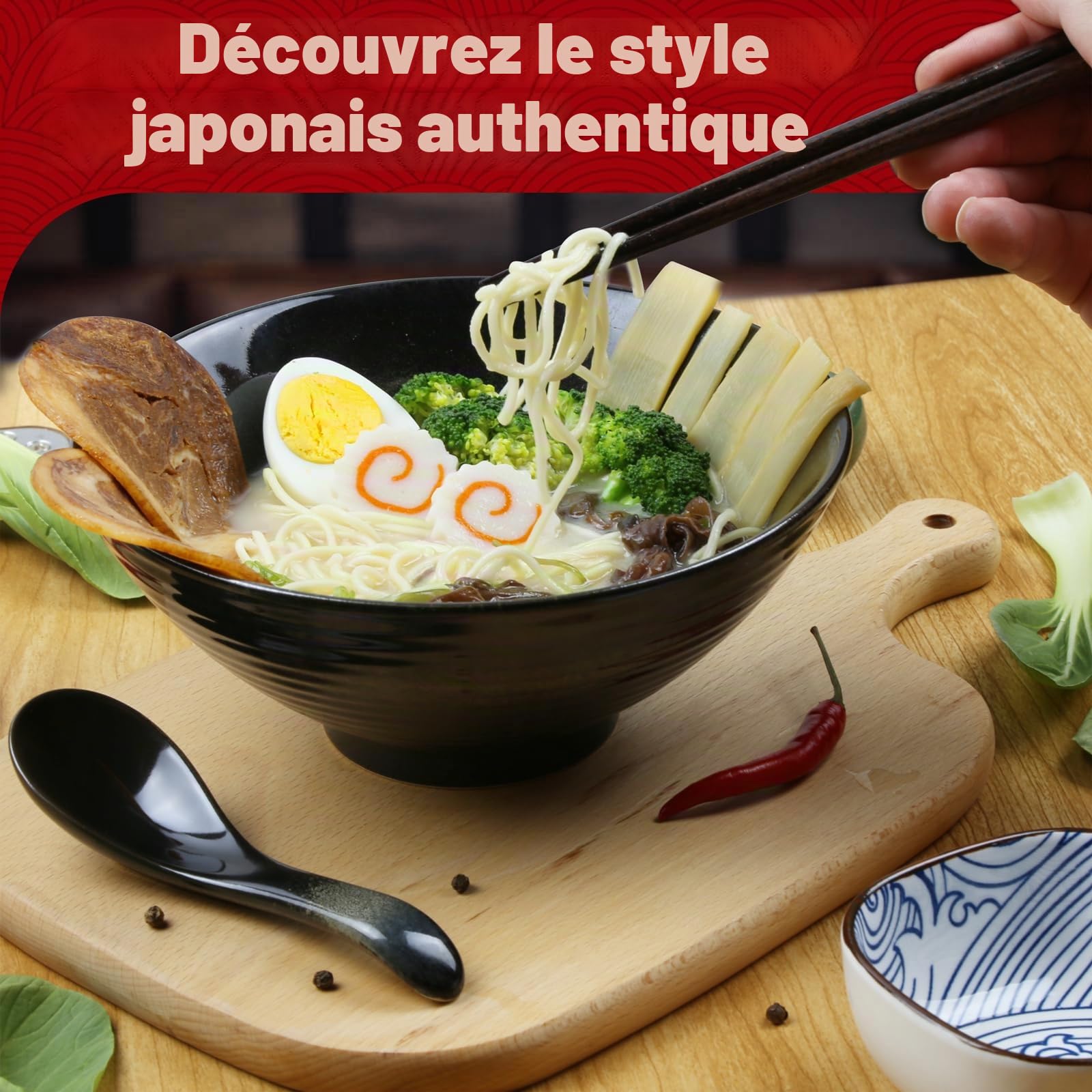 Lot de 2 bols à ramen japonais en céramique avec baguettes et cuillère, style asiatique en porcelaine, saladier, bol à soupe instantanée, 1200 ml, noir