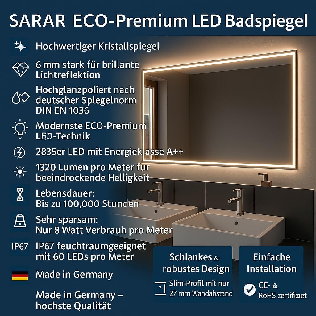 SARAR Badspiegel mit schmaler rundum LED-Beleuchtung 90x70cm Made in Germany Designo MA4111 Wandspiegel Spiegel mit Beleuchtung Badezimmerspiegel nach-auf Maß