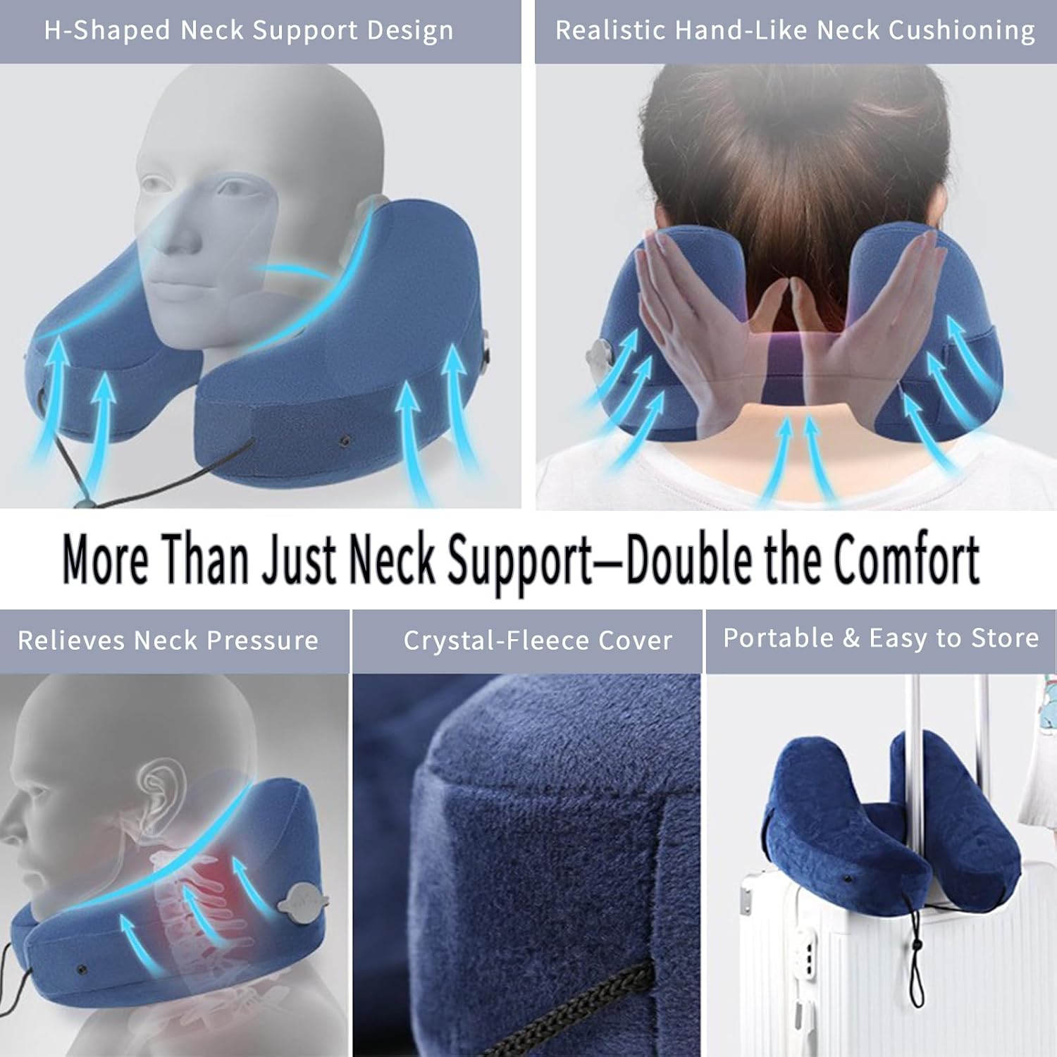 H-Shaped Travel Pillow with Snap-On Hood – Ergonomic Neck Support with Plush Velvet Cover, Instant Inflation & Compact Bag – for Airplane, Car, Office & Long Trips (Blue)