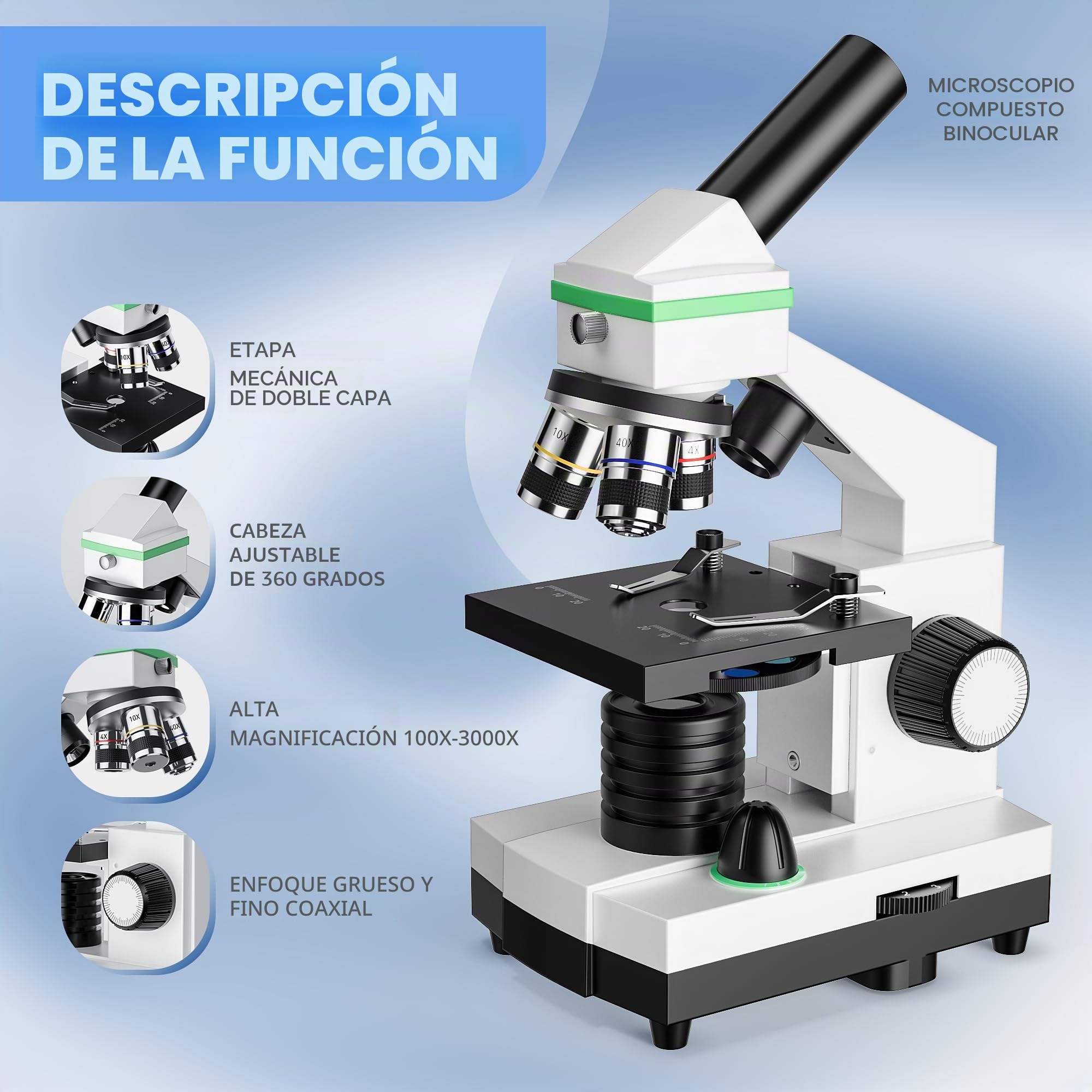 Microscopio 100X-3000X para niños y Adultos, microscopios biológicos Profesionales para Estudiantes, escuelas, Laboratorios y hogares, Accesorios completos para Principiantes.