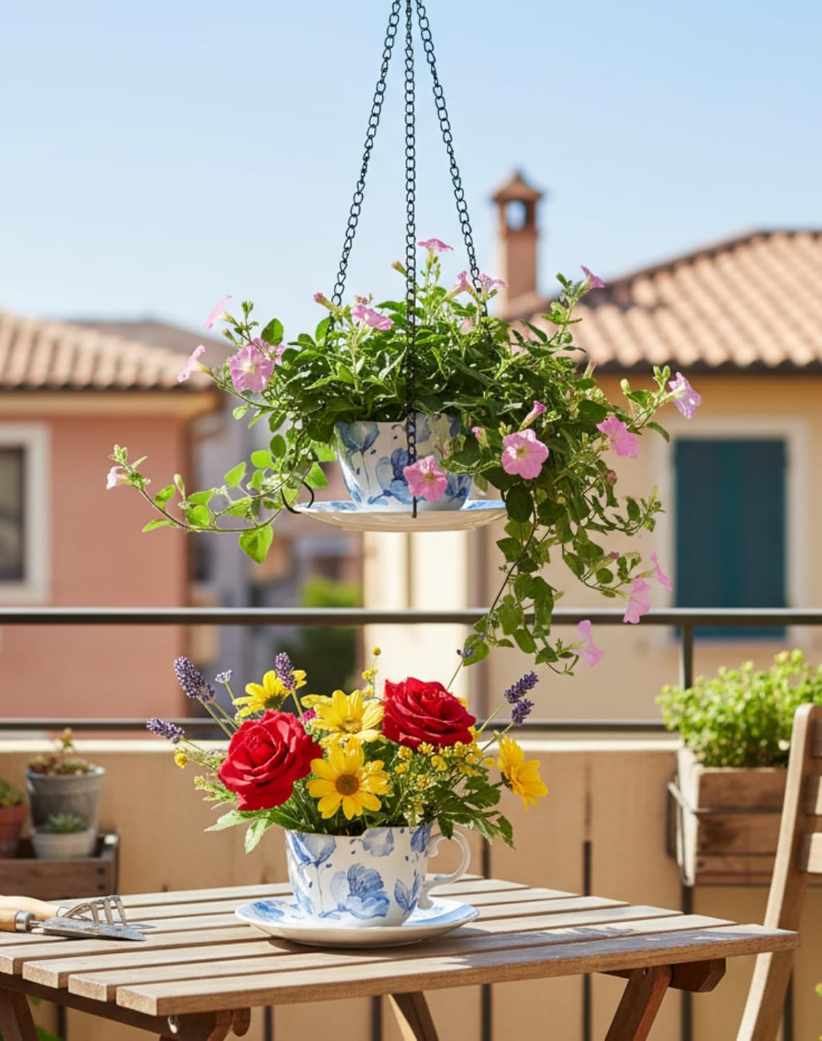 TEATALK Hanging Planters for Indoor Plants, Ceramic Pots with Drainage Hole, 6.3 Inch Hanging Planter with Chain, Outdoor Hanging Baskets for Plants, Blue Flowers, Cup Shape