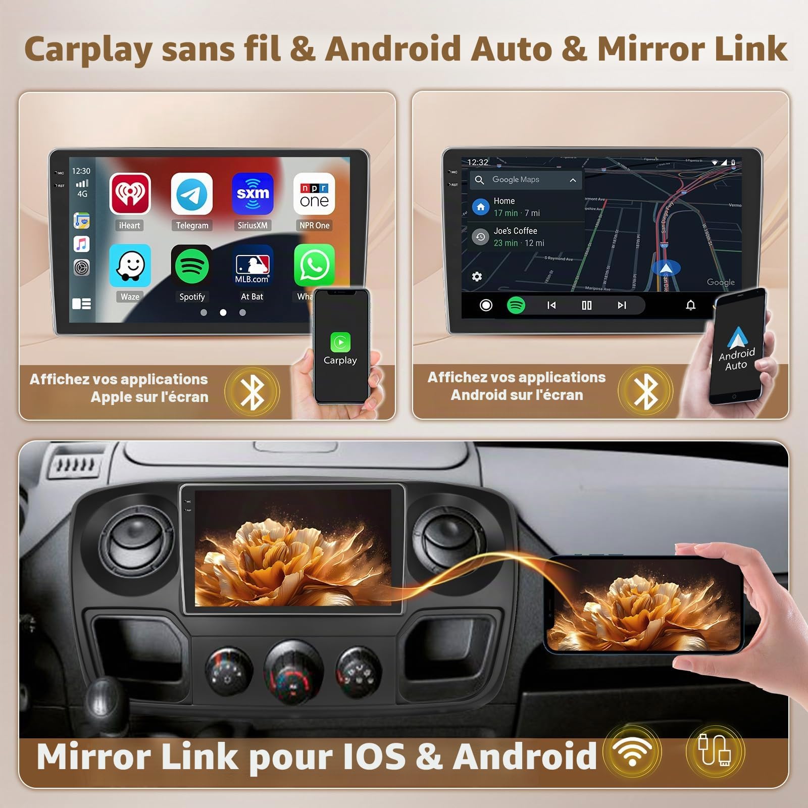 Hikity Android 15 4+64GB Autoradio Carplay pour Renault Master/Opel Movano/Nissan Interstar 2010 Aves 10" Écran Tactile Incell, Auto Radio Aves sans Fil Carplay Android Auto, BT/WiFi/FM/RDS+CAM+MIC