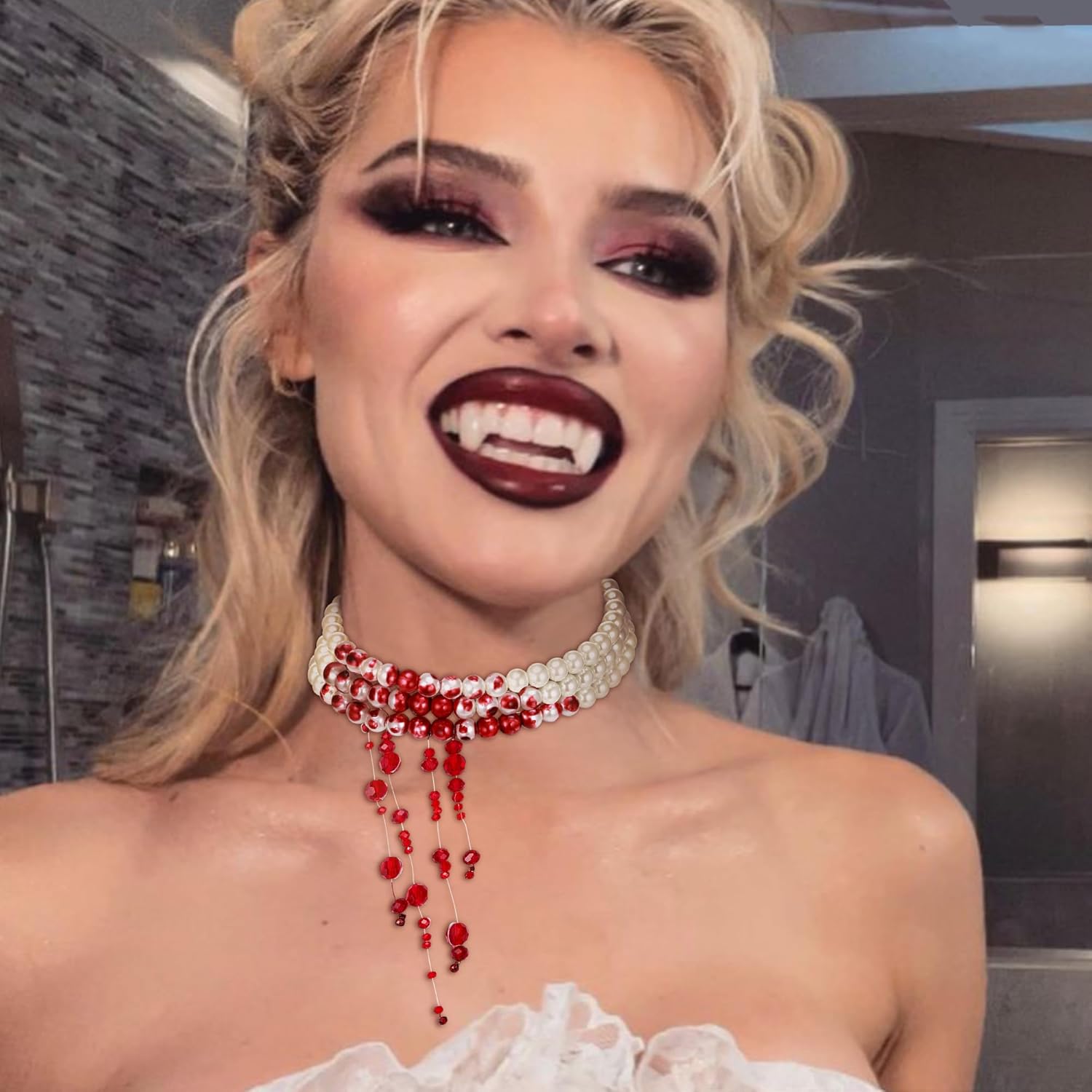 Flyonce Dripping Blood Choker Necklace, Cream Imitation Pearl Vampire Kiss Necklaces Halloween Bloody Costume Jewelry for Cosplay Party - Image 2