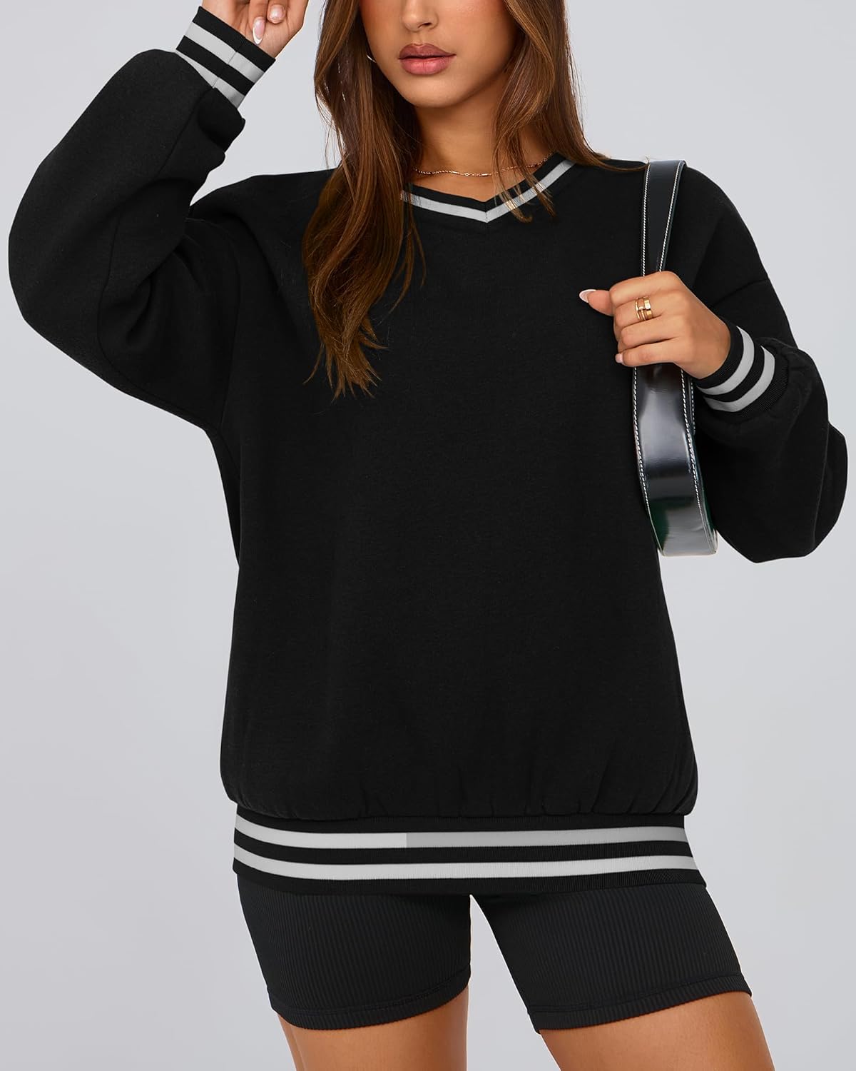 PRETTYGARDEN Women's Oversized Sweatshirts Casual Long Sleeve Stripes Knit V Neck Pullover Top Spring Preppy Clothes - Image 7