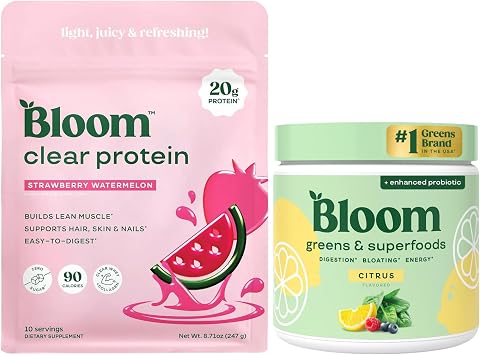 Bloom Strawberry Watermelon Clear Protein and Citrus Greens Powder Bundle
