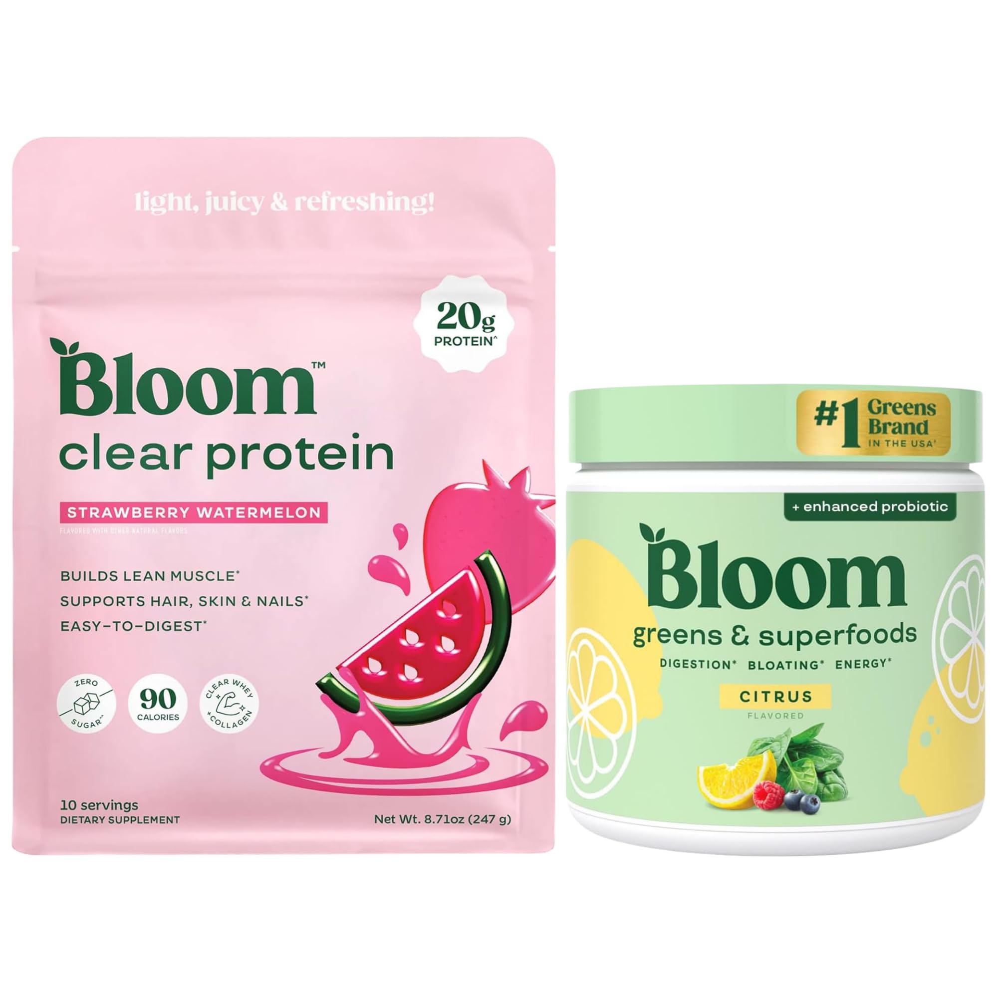 Bloom Strawberry Watermelon Clear Protein and Citrus Greens Powder Bundle