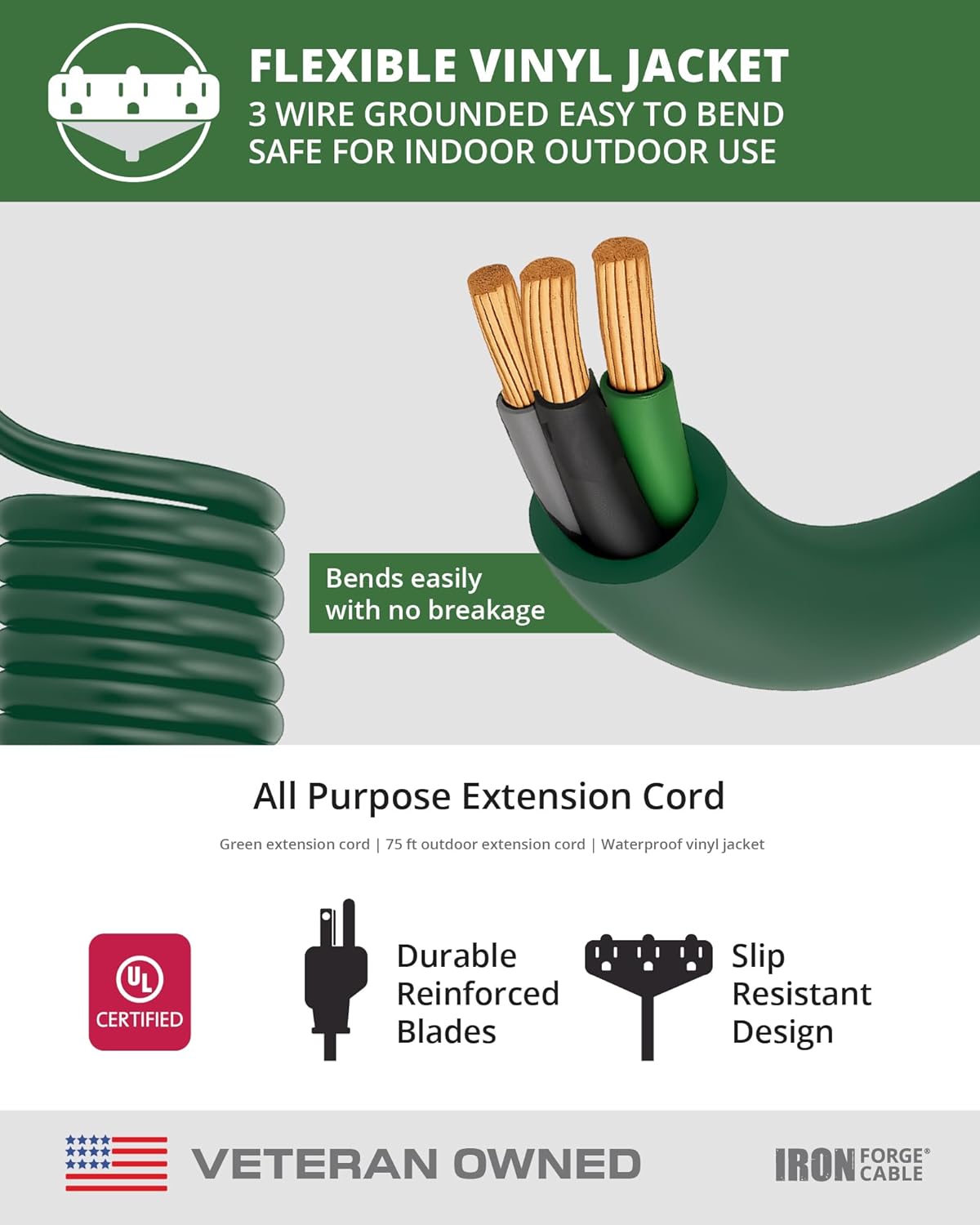 Iron Forge Cable 75ft Green Outdoor Extension Cord with 3 Outlets - 16/3 SJTW 75ft Extension Cord 3 Prong, 10 Amp All-Weather Heavy Duty Power Cable
