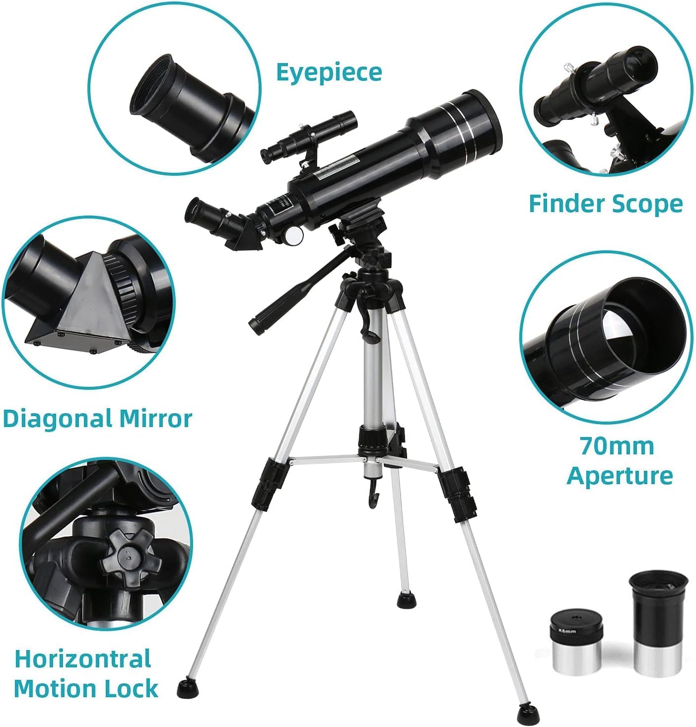 Exploded view of telescope components including eyepiece, finder scope, diagonal mirror, and horizontal motion lock