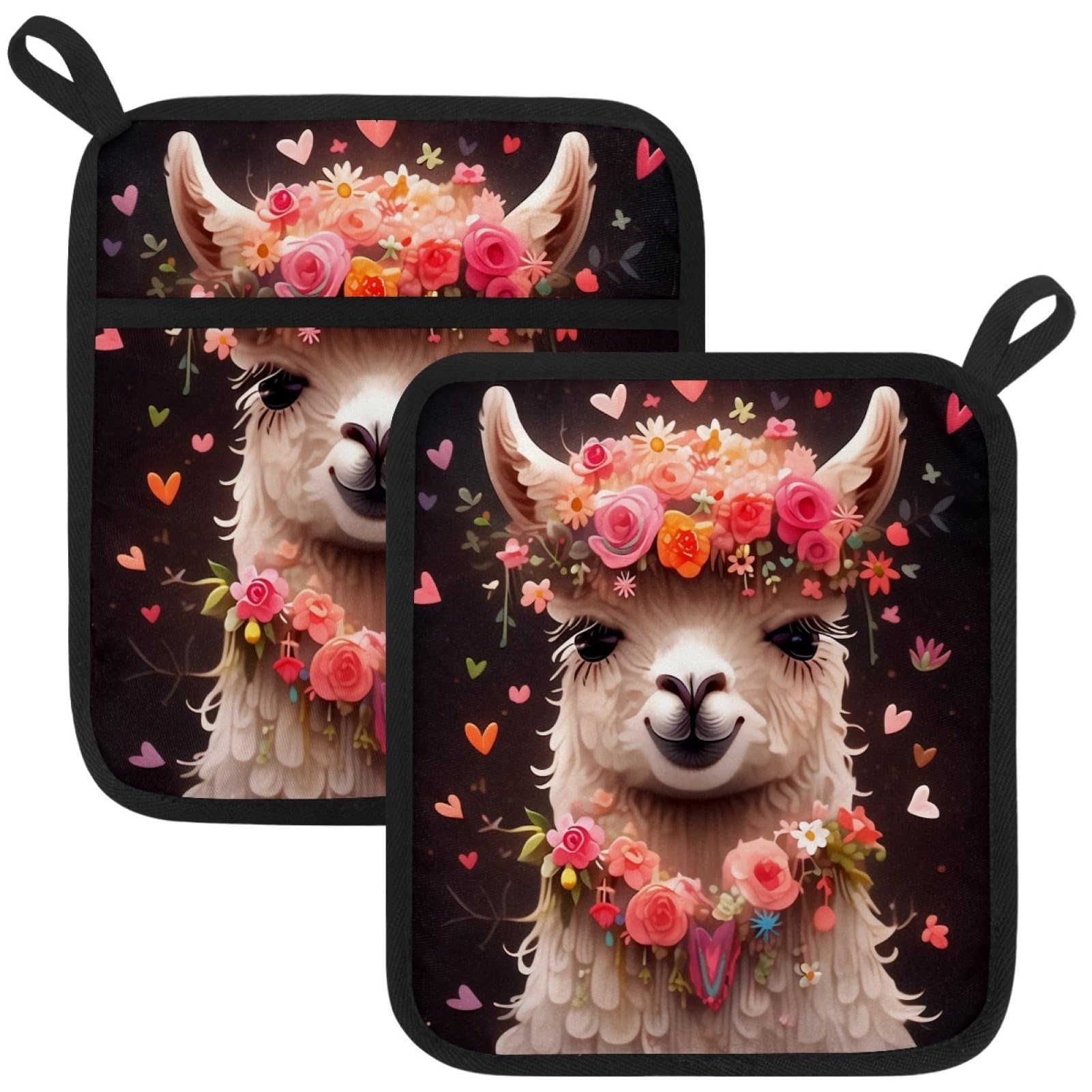 VAPOKF Alpaca Flower Heat Resistant Pot Holders, Thick Pot Holders Pad with Hanging Loop for Kitchen, Oven Cloth Pads for Kitchen Baking Microwave Oven