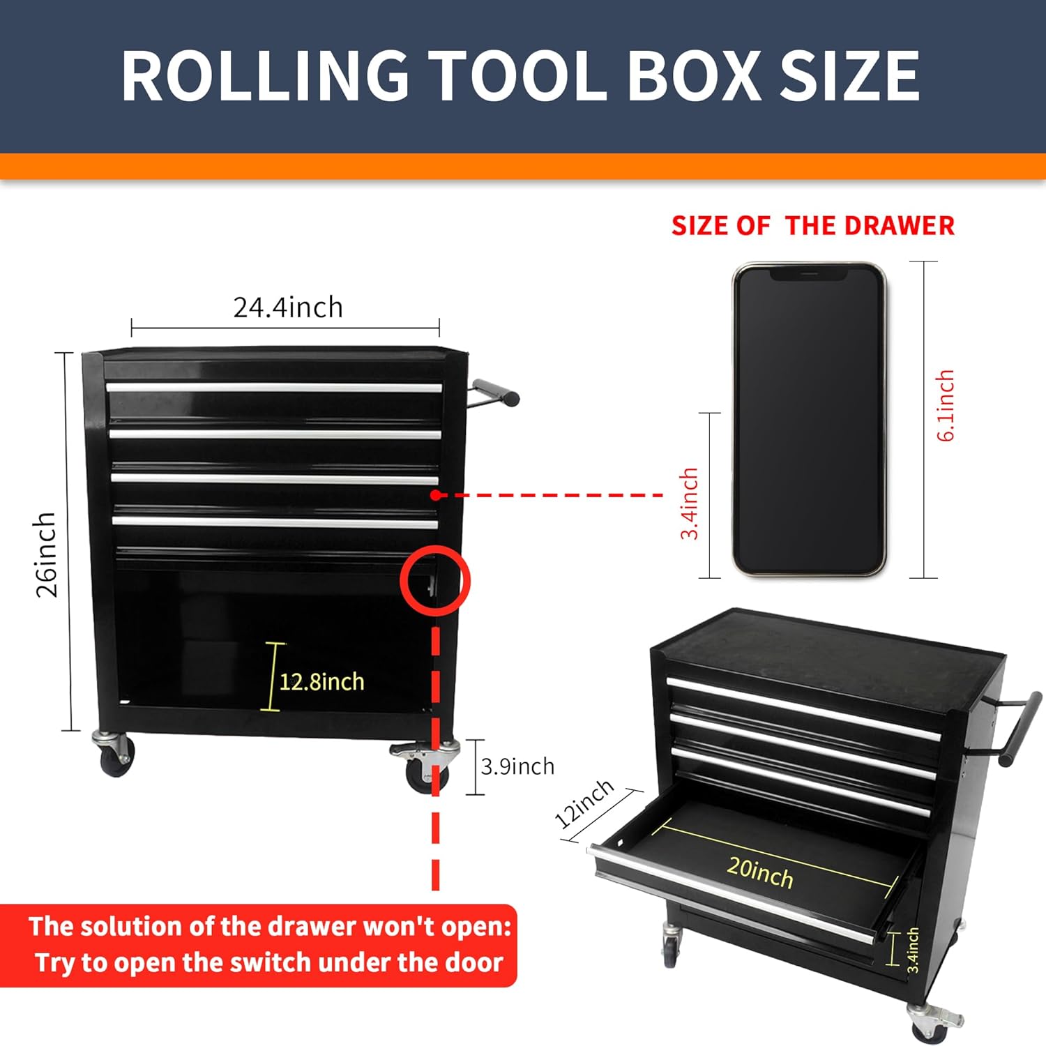 4-Drawer Black Tool Box on Wheels, Rolling Tool Cart, Lockable Home Repair Tool Storage Organizer for Mechanic, Garage