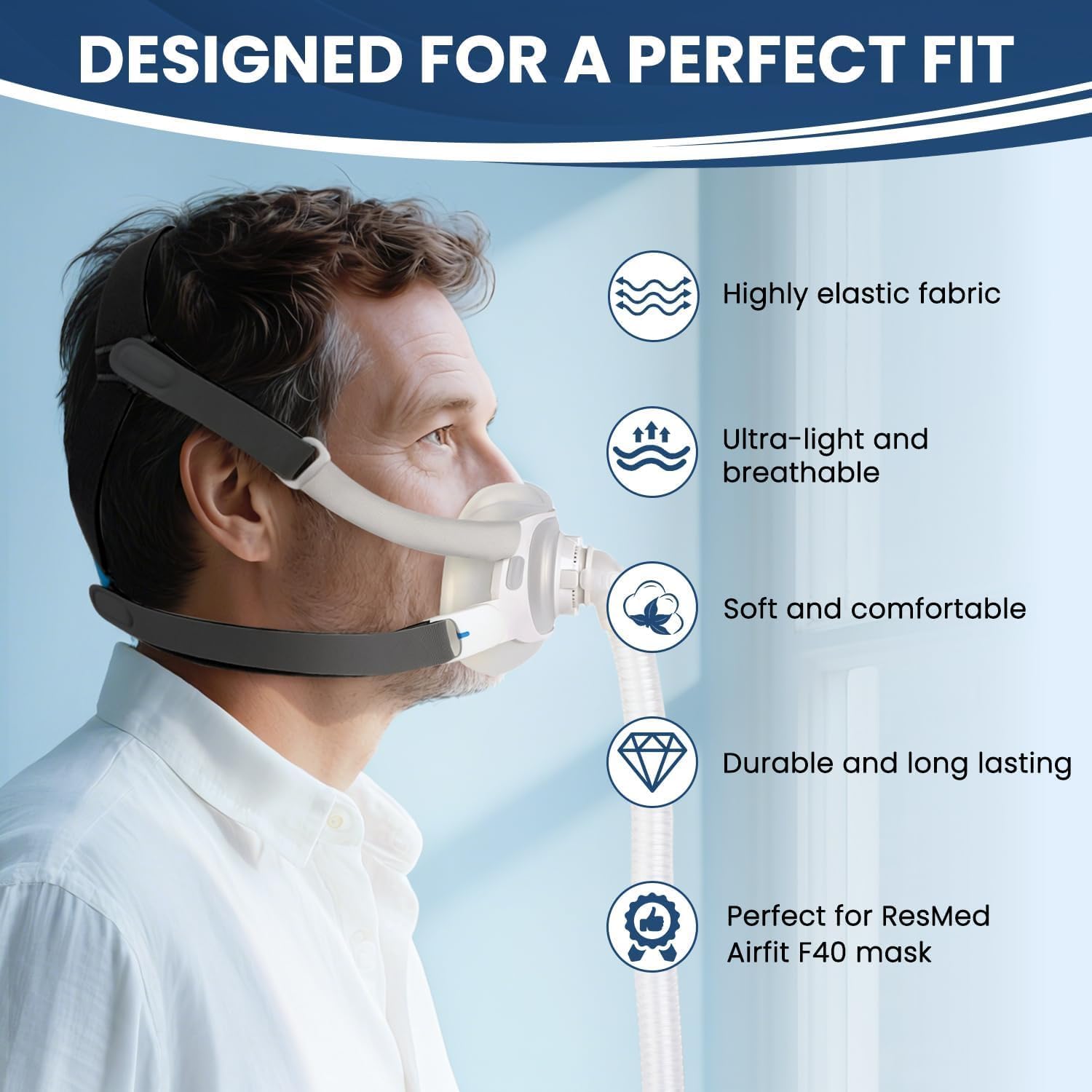 2 Pack Replacement Headgear Strap with 2 Magnetic Clips, Compatible with ResMed AirFit F40 Full Face Mask, Adjustable Soft Fabric, Headgear Only image 2