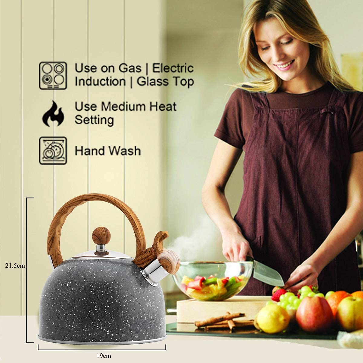 Stove Top - Tetera de acero inoxidable con mango ergonómico de madera, 2,5 litros, color gris