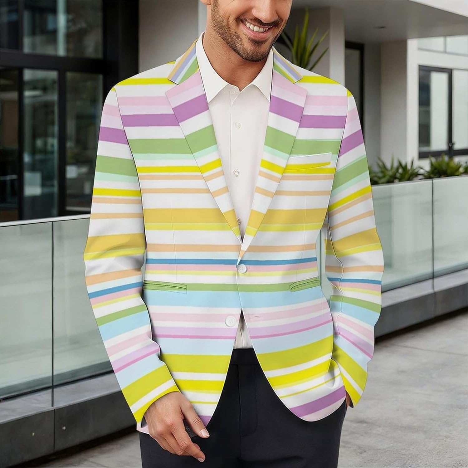 Horizontal Stripes Suits Blazer for Men Casual Buttons Lapel Jacket Sport Coat