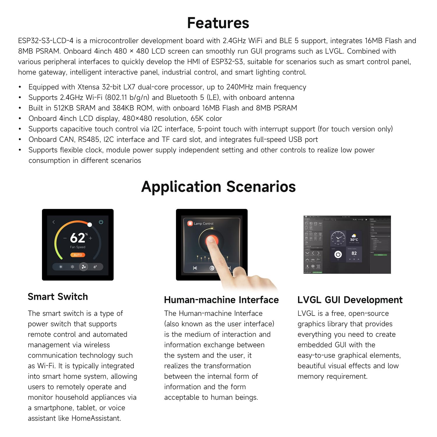 Waveshare ESP32-S3 4inch Capacitive Touch Display Development Board, 480×480, 5-Point Touch, 32-Bit LX7 Dual-Core Processor, Up To 240MHz Frequency, Supports WiFi, With Onboard Antenna