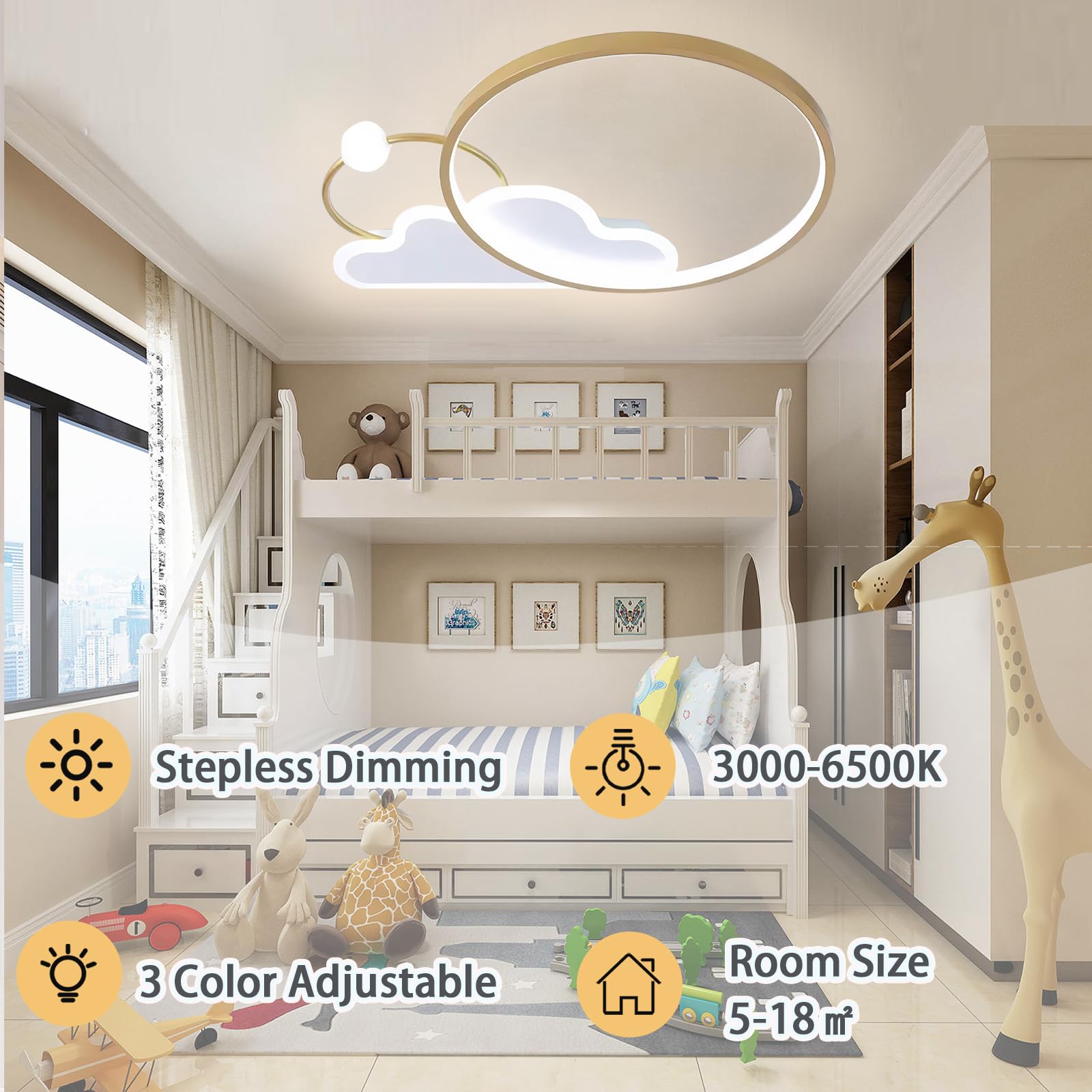 52CM Chmura Dziecięca Lampa Sufitowa LED z Pilotem Nowoczesna Różowa Okrągła Oprawa Natynkowa Ściemniana Lampa Sufitowa dla Chłopca i Dziewczynki 3 Kolory Światła do Pokoju Dziecięcego, Złoty