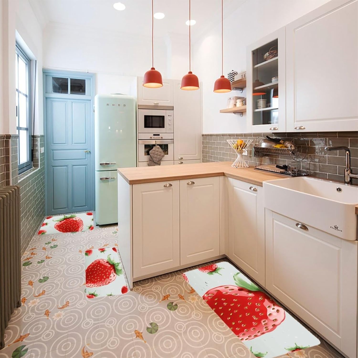 Lovely Strawberry Kitchen Mats for Floor 3 Pcs Kitchen Rugs