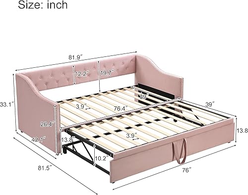 Miniatura 29 de Sofá cama tapizado de tamaño individual con nido desplegable, sofá cama extensible de terciopelo con respaldo copetudo, marco de sofá cama
