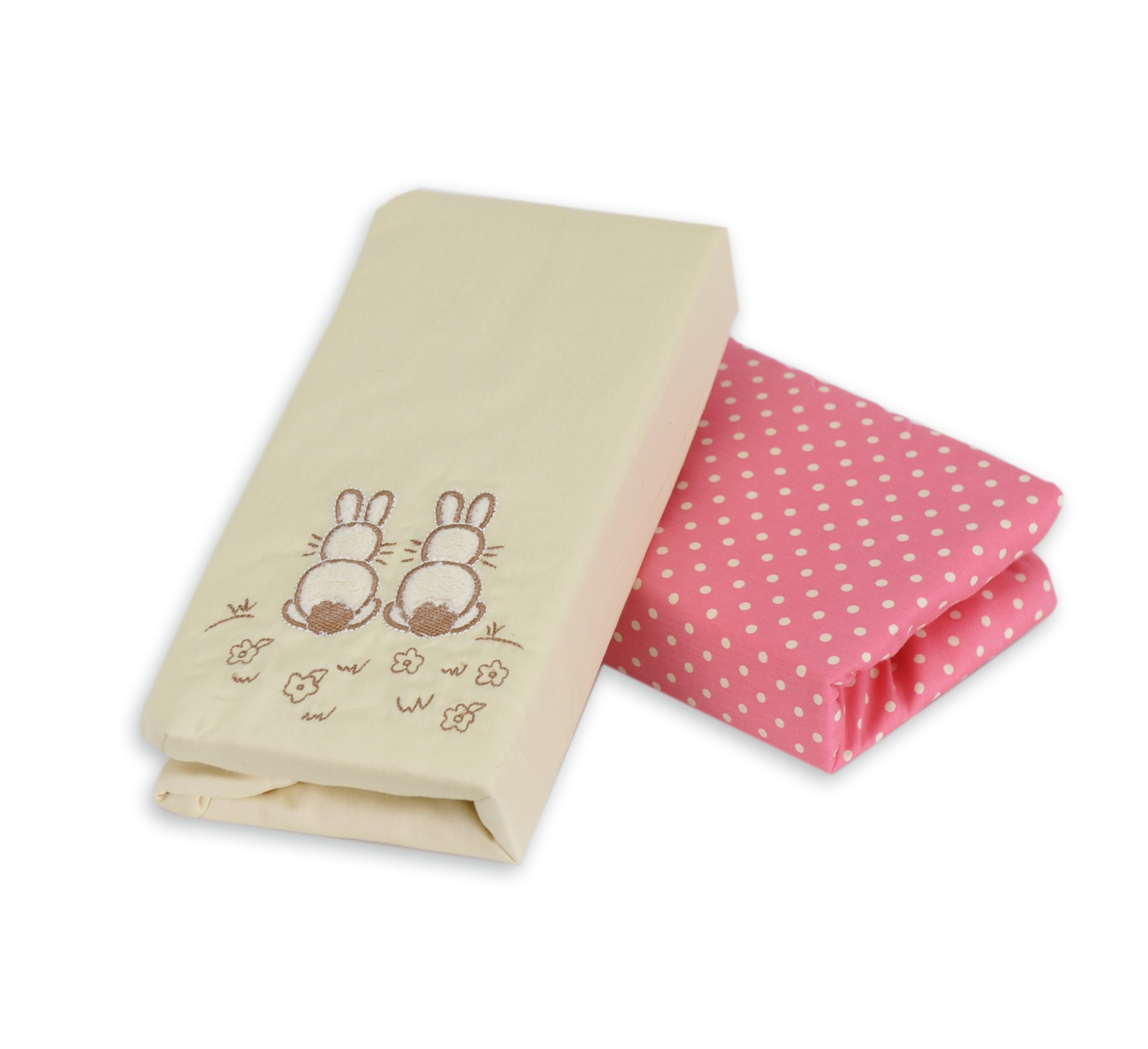 Tots by Smart Rike 140 – 102 140 x 70 cm 100 Percent Cotton Sateen Fitted Sheet, Set of 2 Joy Rabbit, Cream and Pink Patterned