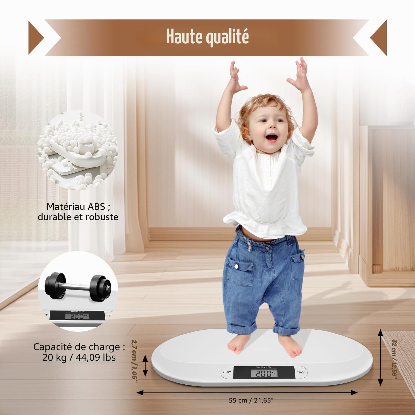 Bilancia per bambini fino a 20 kg, écran LCD, 3 modes de pesage, couleur : blanc