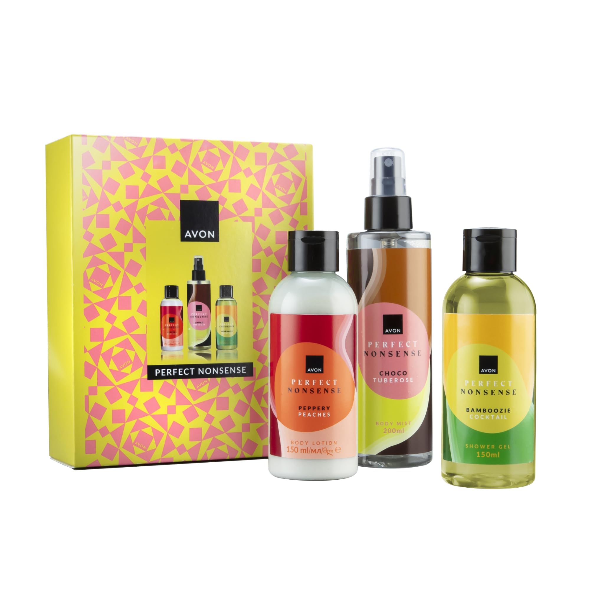 AVON Perfect Nonsense For Her Gift Set, with Bamboozie Cocktail Shower Gel, Peppery Peaches Body Lotion & Choco Tuberose Body Mist in a Gift Box, Long-Lasting Formulas, Cruelty-Free