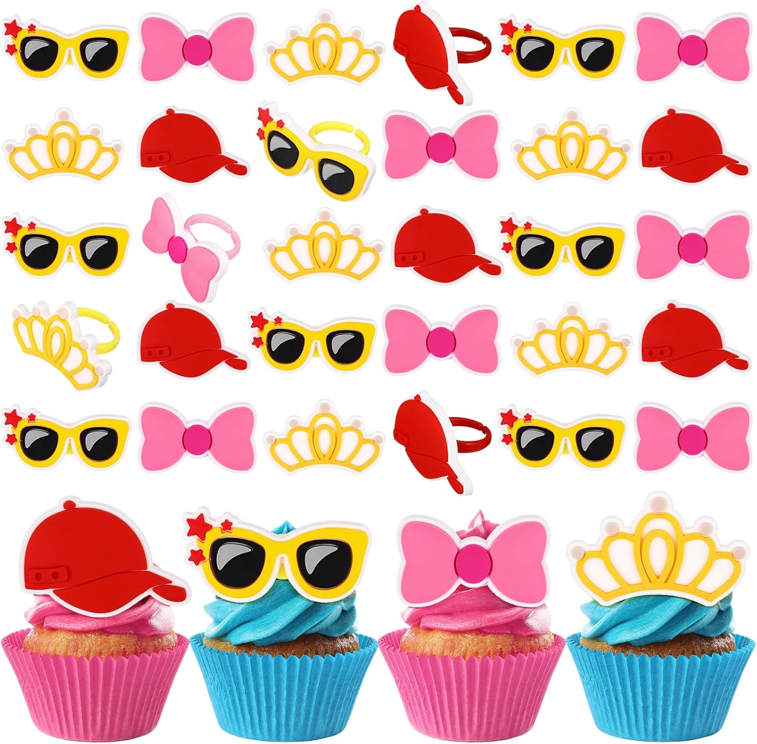 Honeydak 48 Pcs Cartoon Doll Accessories Cupcake Ring Birthday Decorations Cartoon Doll Cake Topper Ring Colorful Cupcake Topper for Birthday Baby Shower Party Decorations