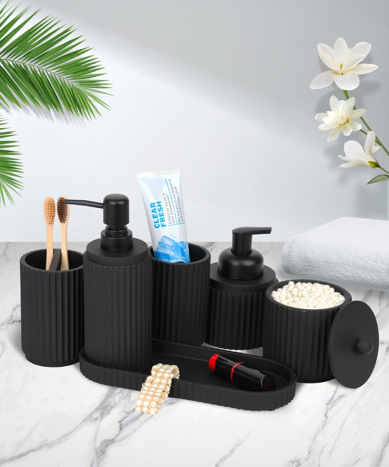 Black Bathroom Accessories Set 6 Pcs - Toothbrush Holder,Lotion Soap Dispenser,Foaming Soap Dispenser,Qtip Holder Dispensers,Vanity Tray,Bathroom Tumbler - Countertop Organizer-Bathroom Accessory Set - Image 5