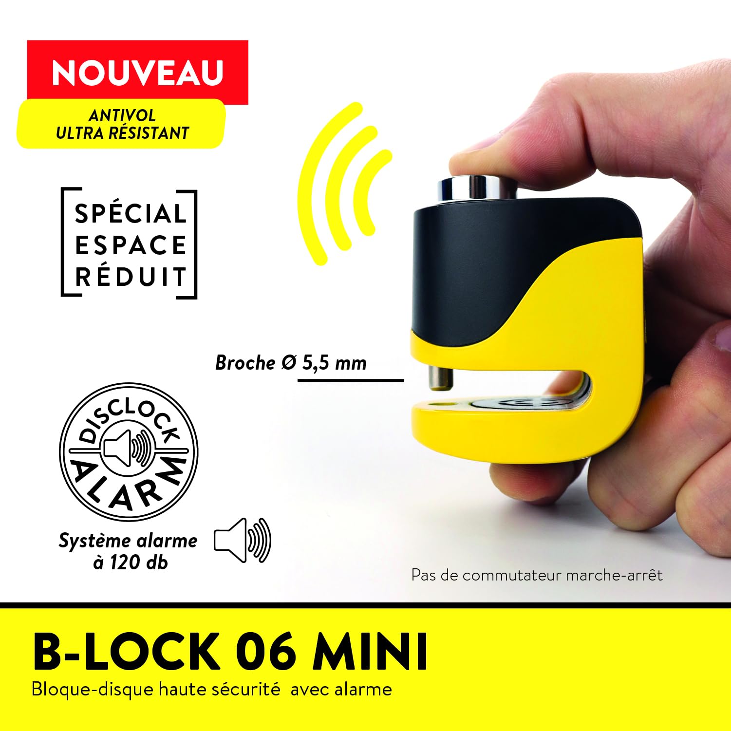 AUVRAY Bloque Disque Moto Alarme 120 dB B-LOCK 06 Mini – Antivol Scooter Compact – Acier Inoxydable – Cylindre 7 Disques Anti Crochetage – Recharge USB-C – 3 Clés