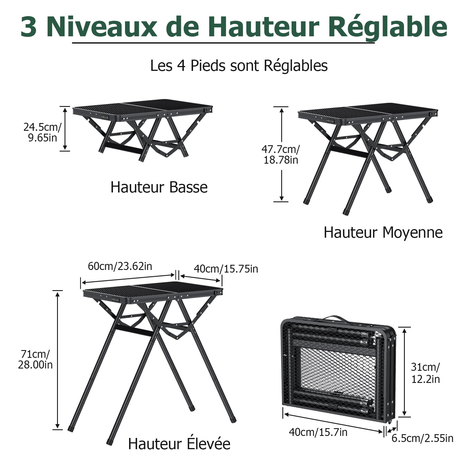 JiGiU Table de Camping Pliante 60x40x24,5/47,7/71 cm, 3 Hauteurs Réglables | Structure X Stable, Plateau en Grille Métallique, Table de Pique-Nique Portable pour Jardin, Terrasse, BBQ- Noir