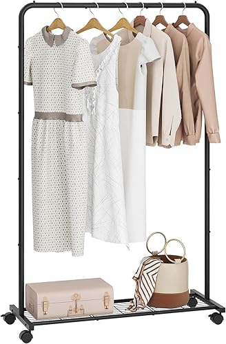 Perchero con ruedas, estante de ropa de 39 pulgadas, estante de ropa con ruedas para colgar ropa, con estante de almacenamiento de malla, capacidad