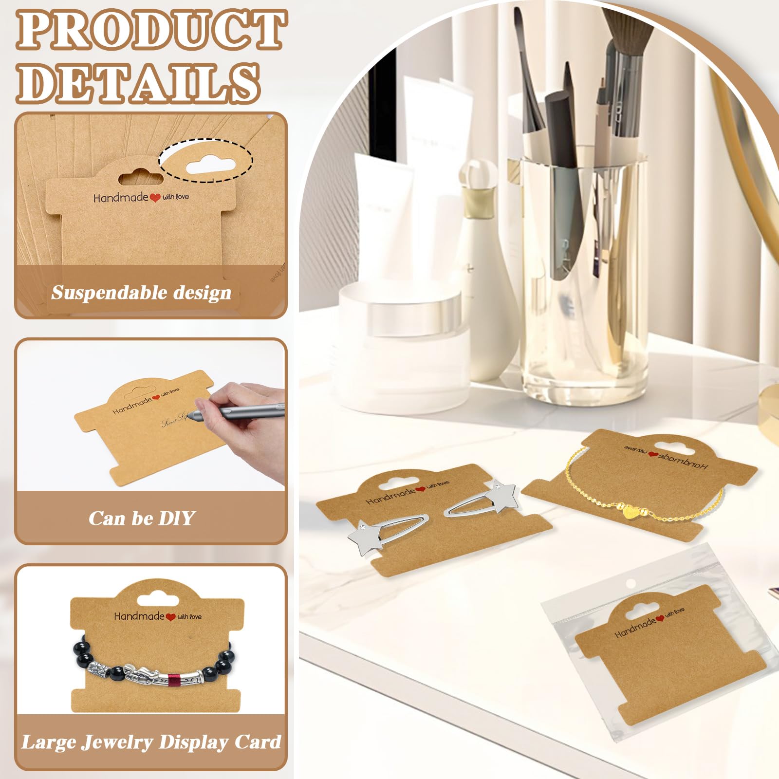Modixun Set di 70 biglietti per braccialetti con sacchetti trasparenti, per piccole imprese e artigianato, da appendere e vendere