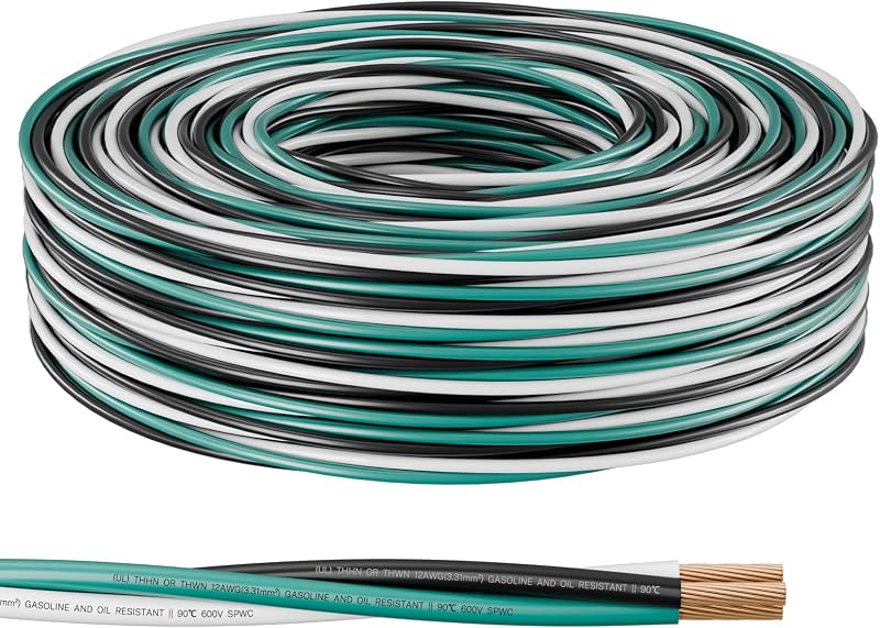 FIRMERST 12 AWG THHN/THWN Copper Wire, 3-Color, Pre-Twisted, 100 FT | UL Listed, easier pulling for longer 20A conduit runs
