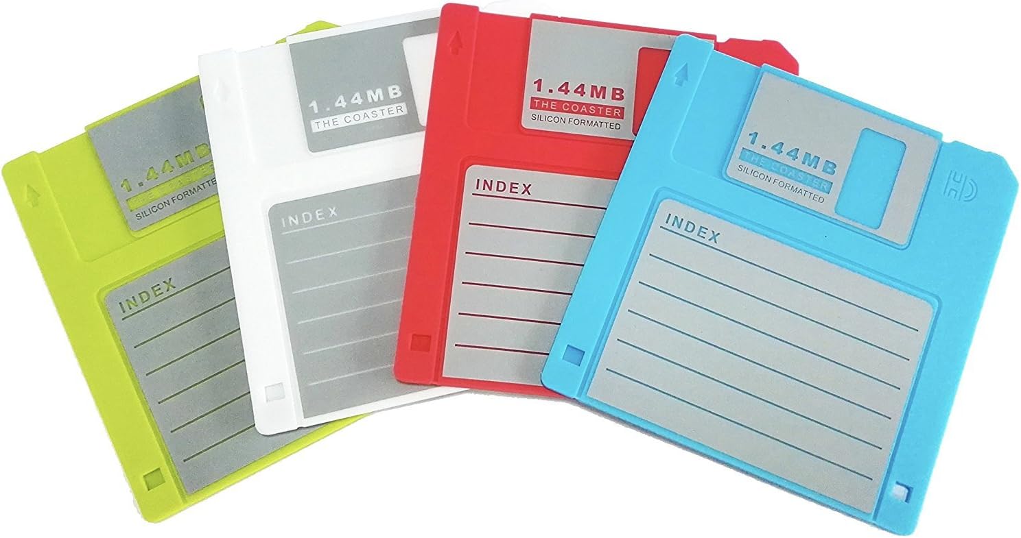 Silicone Blanked Label Retro 3.5 Inches Floppy Disk All-Weather Coasters, 4.7 X 3.6, Set of 4