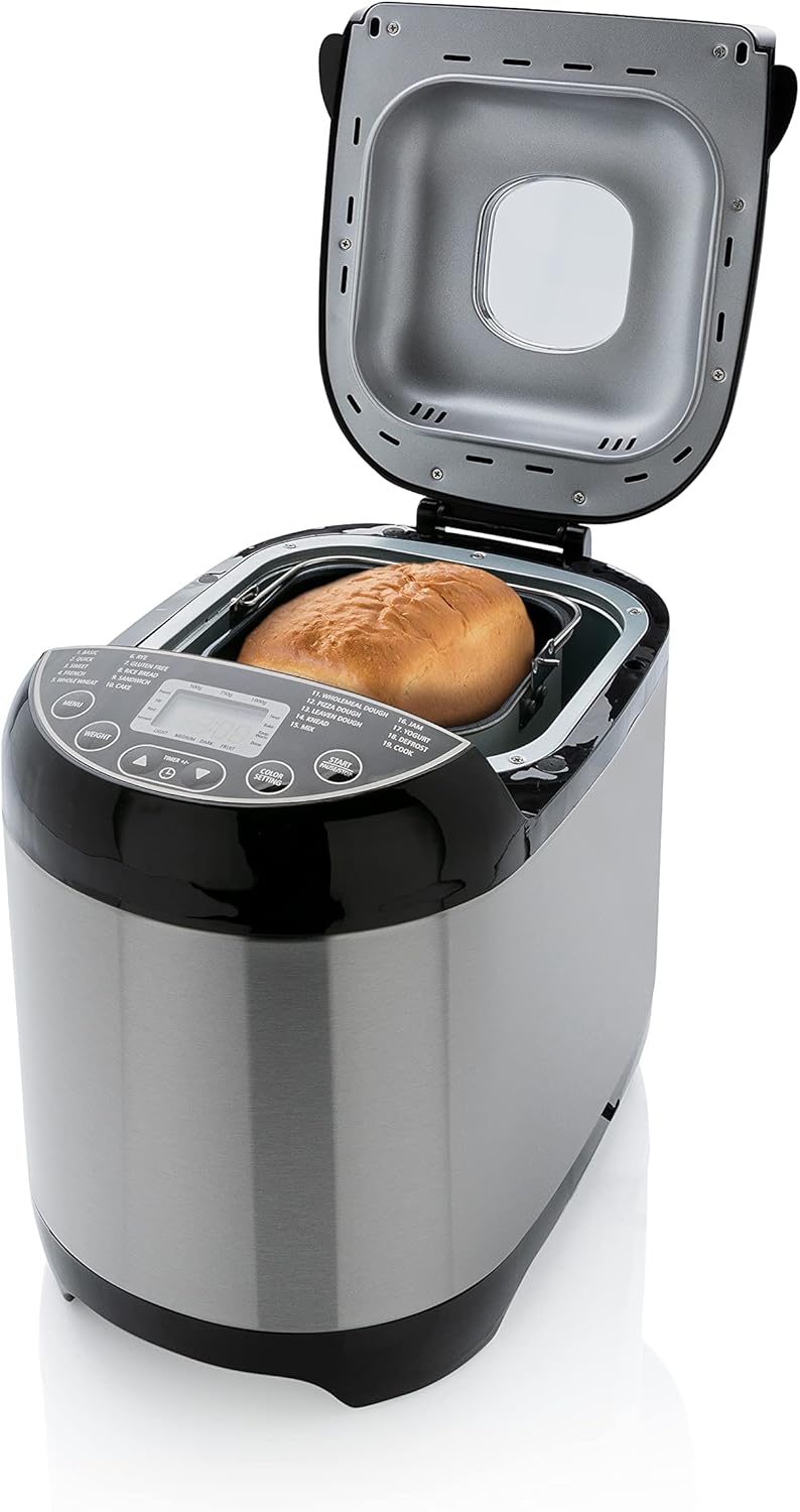 Brabantia BBEK1114 Bread Maker with its lid open, revealing the non-stick bread pan and a baked loaf inside.