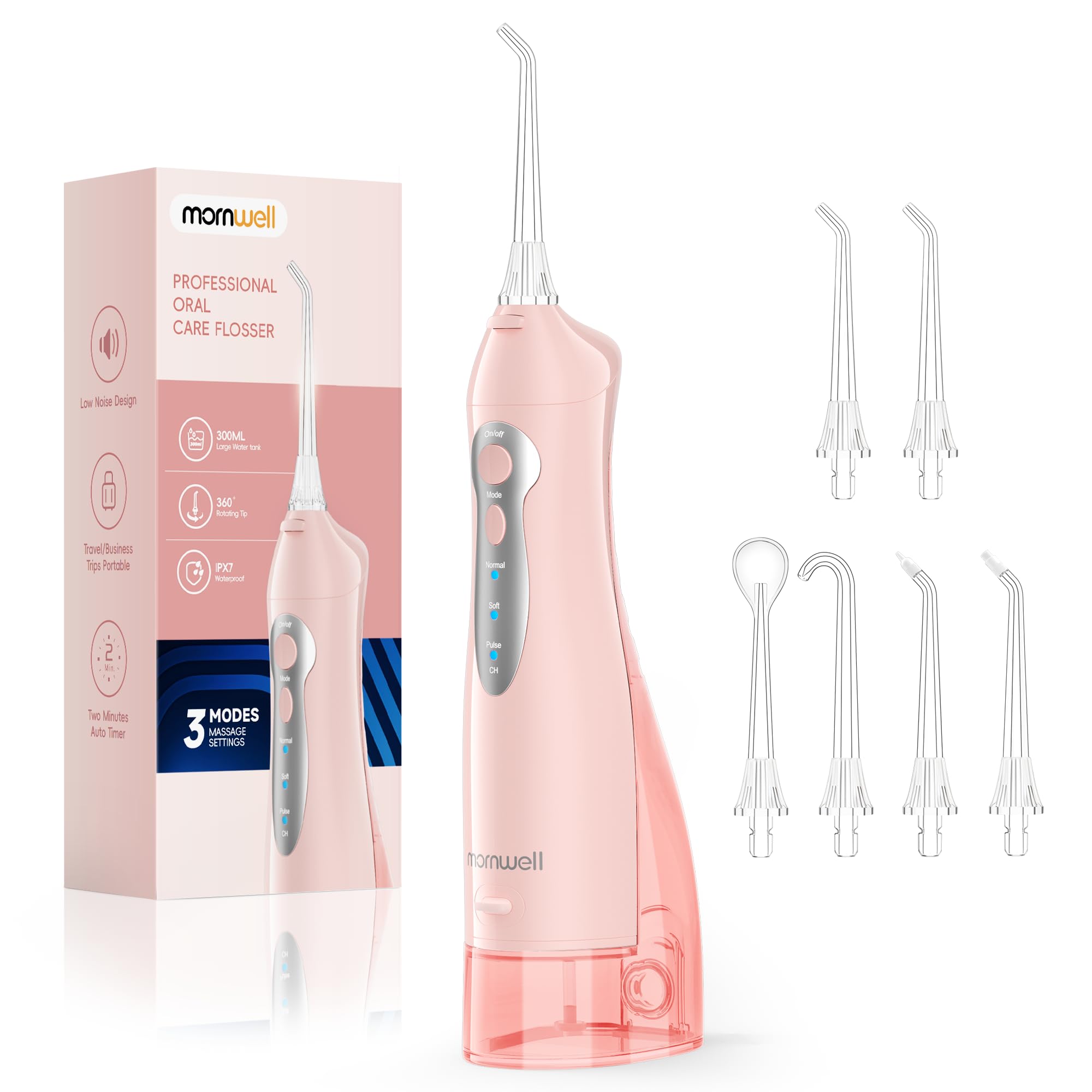 Mornwell Irrigador Dental, Irrigador Bucal Portátil para Dientes con Depósito, 4 Boquillas para Viaje y Familia, USB Recargable (Rosa)