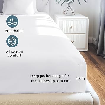King Size Fitted Sheet Deep - White Kingsize Bed Sheet Extra Deep Pocket 16 inch (40 cm), Soft Brushed Microfiber Mattress Bottom Bedding Sheet, 150x200cm