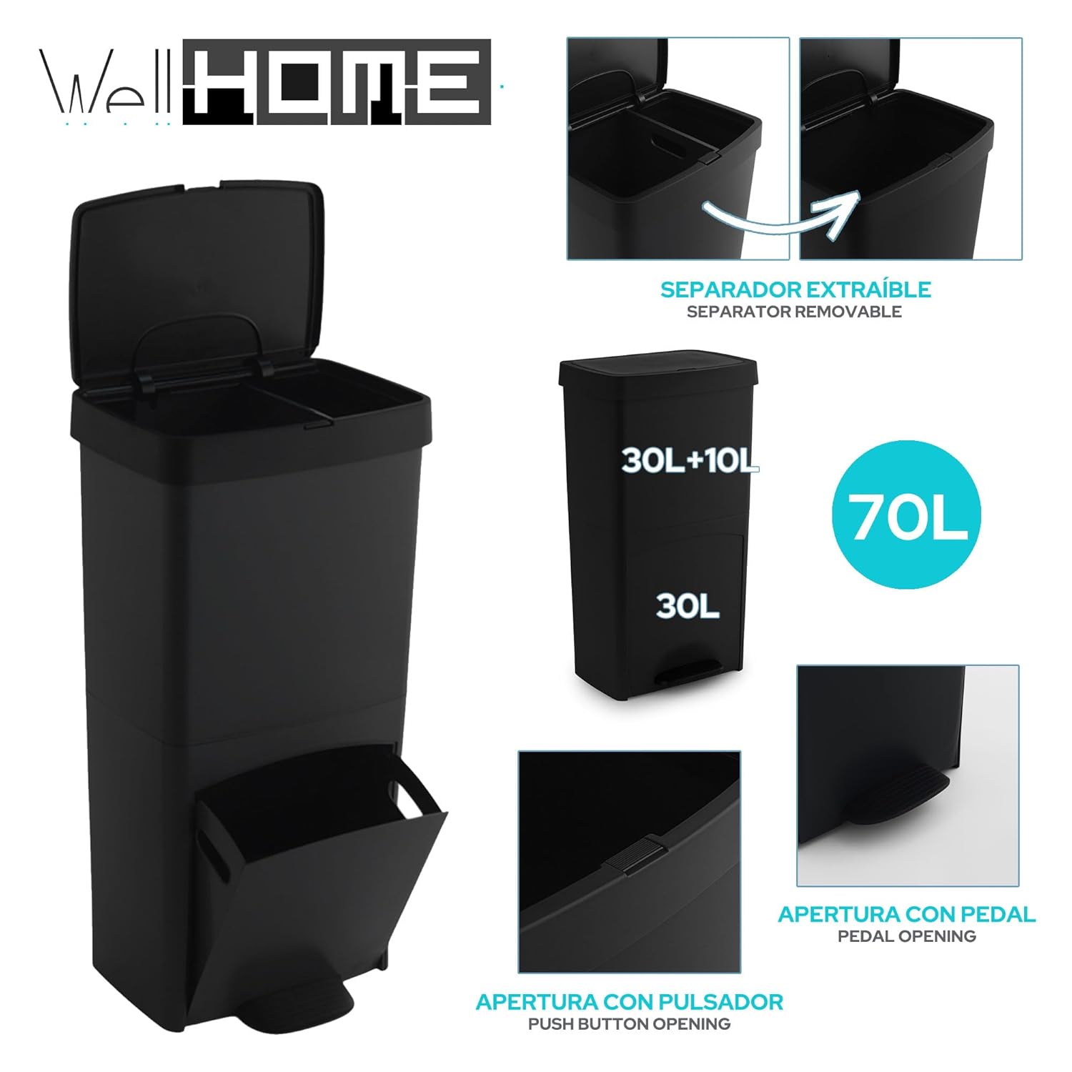 WELL HOME MOBILIARIO & DECORACIÓN 70 Litre Black Vertical 2 Compartment Waste Bin Recycling Bin 76cm Includes Matching 30+40L Bin Liners